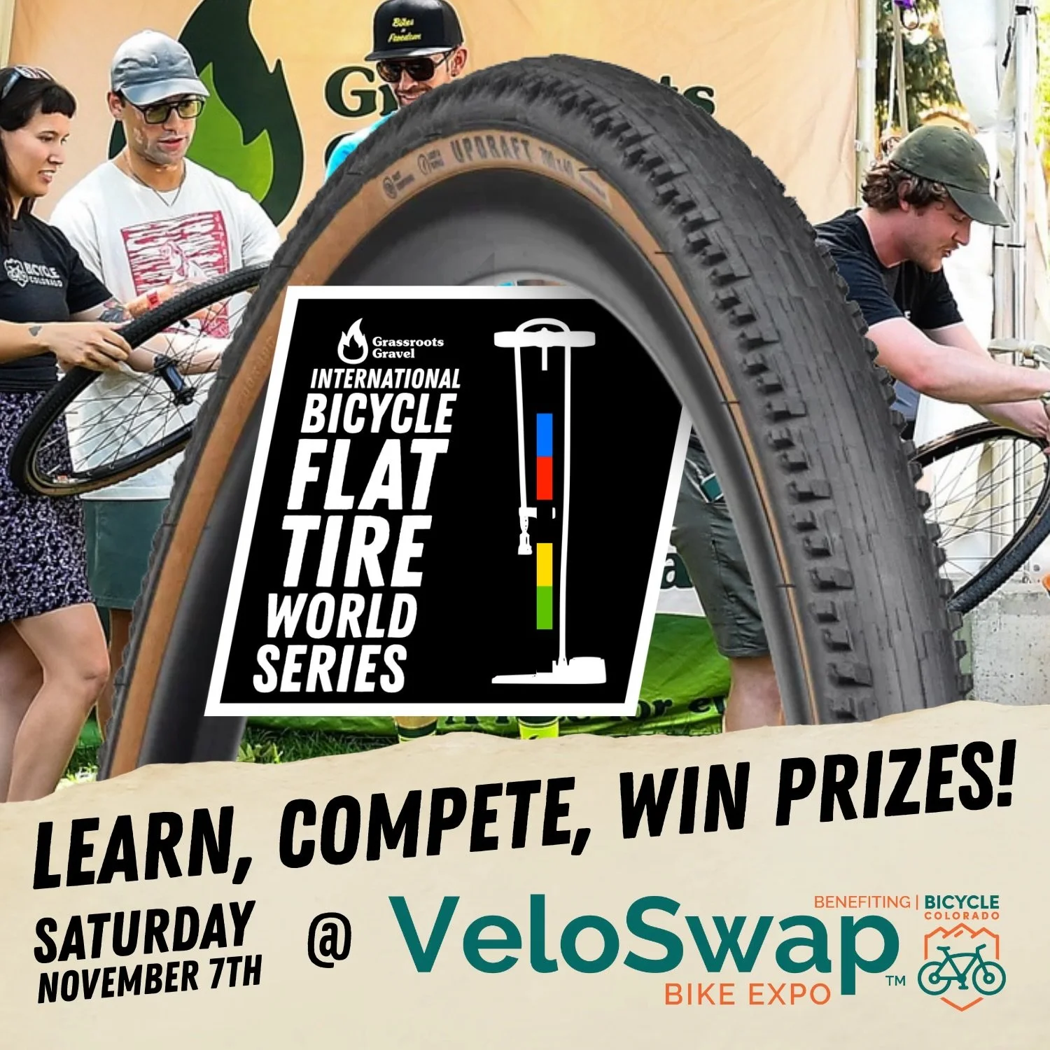 Join us at @veloswap and learn, compete, and win prizes in the @flattireworldseries at the @grassrootsgravel booth. Saturday, November 7th in Denver. We&rsquo;ll have competitions and lessons from 10am-1:30pm. What&rsquo;s at stake? Compete or take a