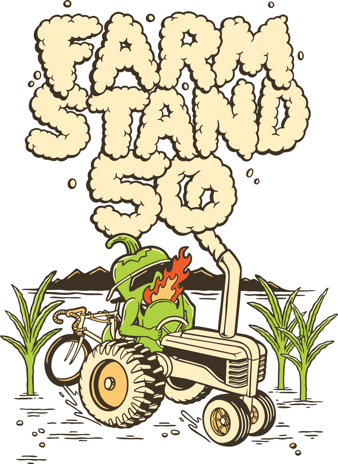 illustrated pepper wearing sunglasses and driving a tractor with a bike on the back under text "farmstand 50"