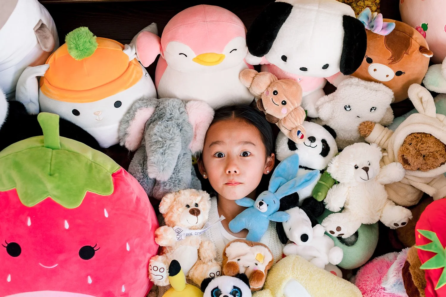 A girl surrounded by various colorful plush toys, including a strawberry, a bunny, a panda, a dog, a bear, and other stuffed animals.
