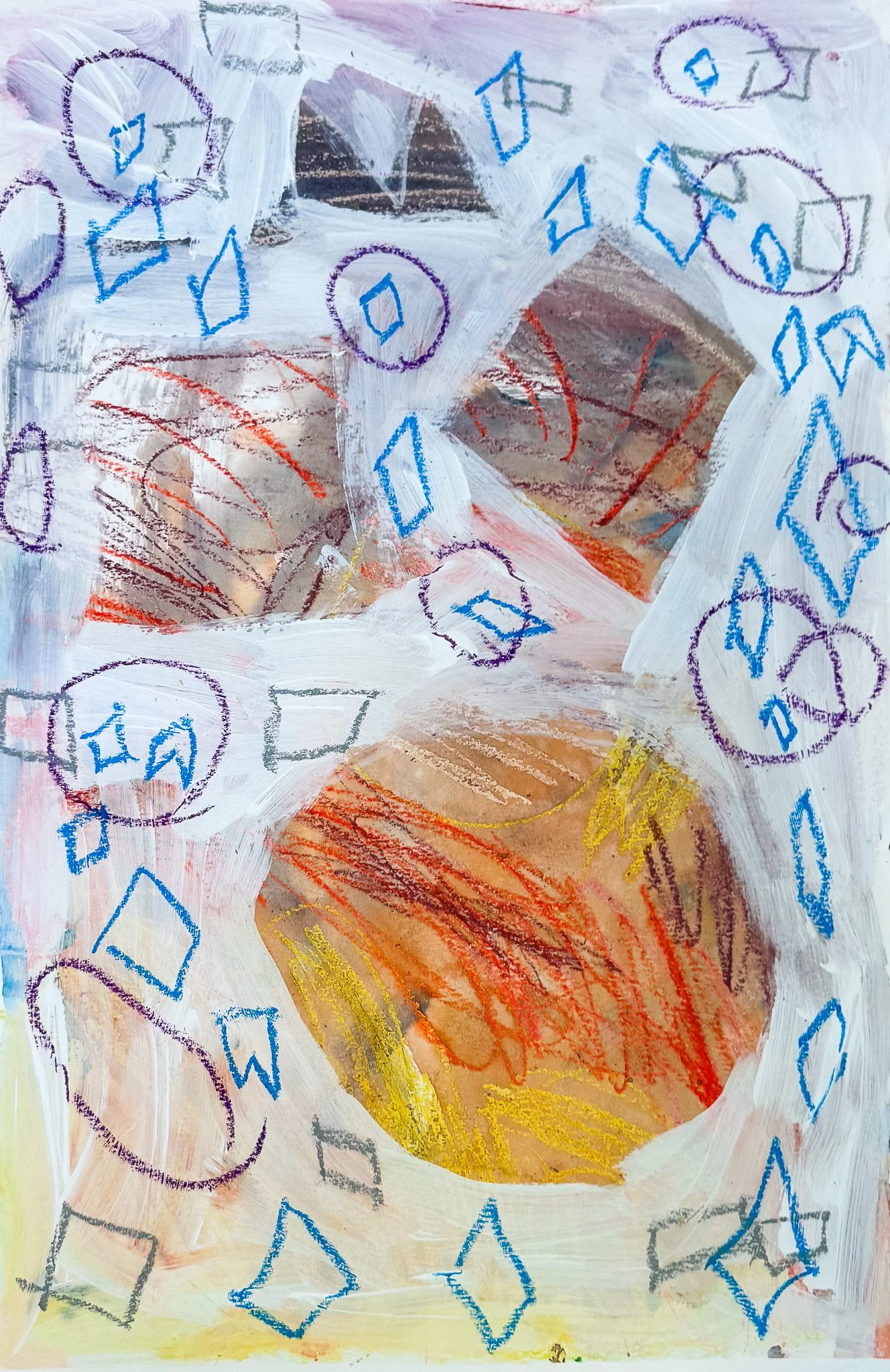 Abstract painting with scattered blue diamond shapes, purple circles, and orange, yellow, and brown curved lines and patches against a light background.