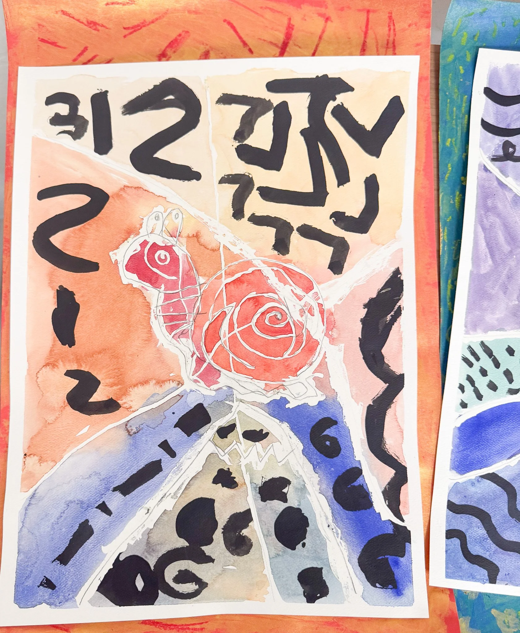 Child's colorful abstract artwork featuring a butterfly with a spiral pattern on its wings, surrounded by bold black numbers and lines, set against a vibrant background of watercolors in orange, peach, purple, and beige.