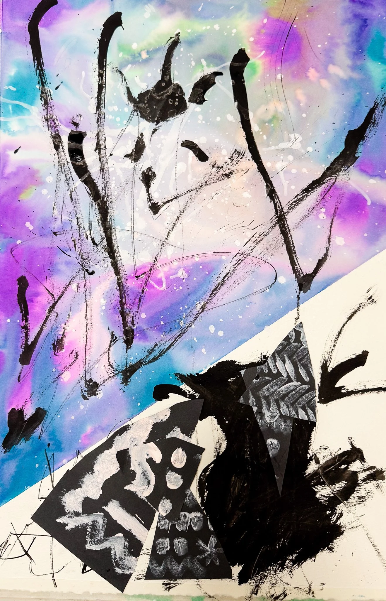 Abstract painting with colorful background and black ink splatters, mixed media including collage elements like a skull and graffiti style text.