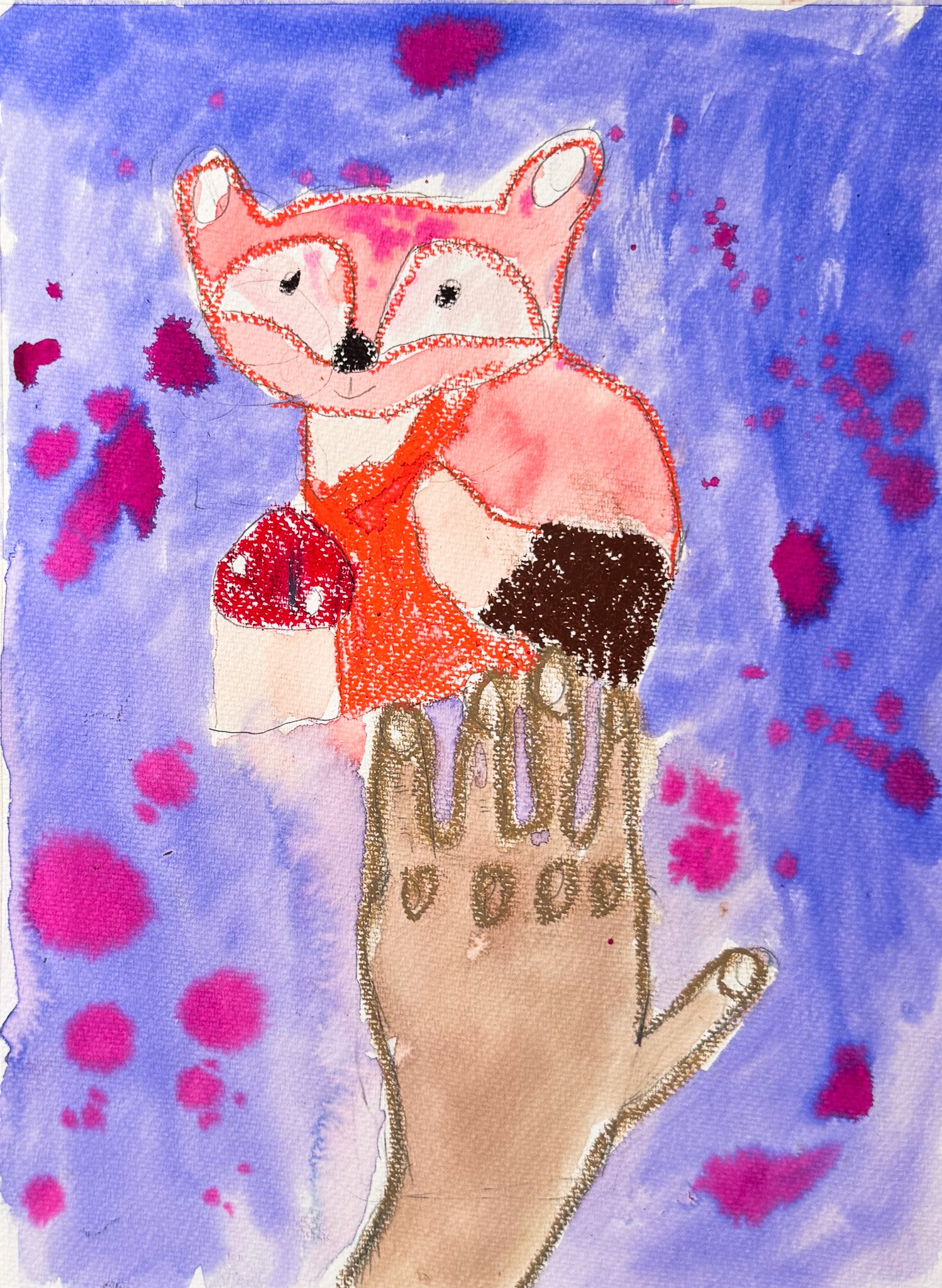A hand holding a small, pink and white fox figurine with a painted background of purple and pink splashes.