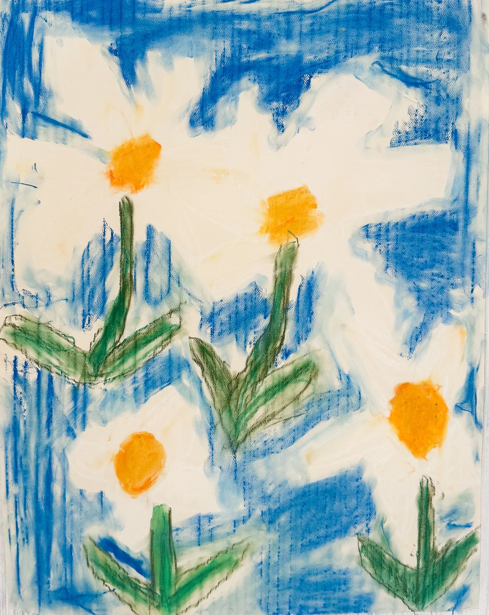 A watercolor painting of white flowers with orange centers, green stems and leaves, against a blue background.
