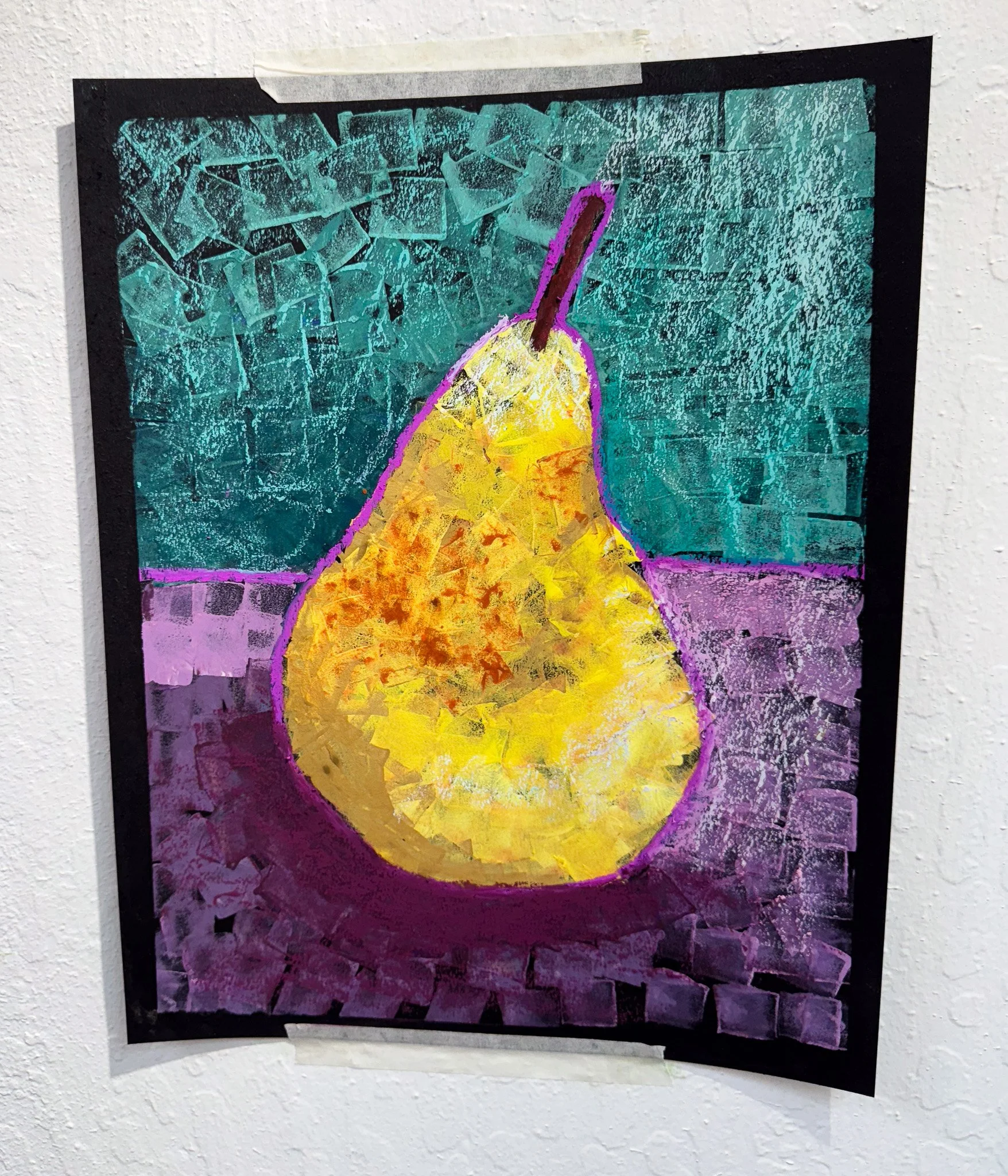 A colorful painting of a yellow pear with a brown stem on a purple table, with a textured teal background.