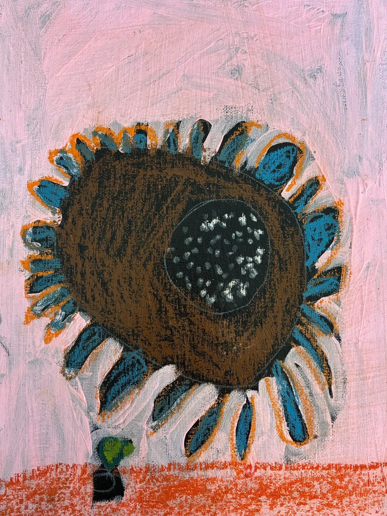 A colorful abstract painting featuring a large, dark brown circle with a textured pattern inside, surrounded by vibrant blue and orange shapes, on a pink background with some green on the bottom left and a red textured area at the bottom.