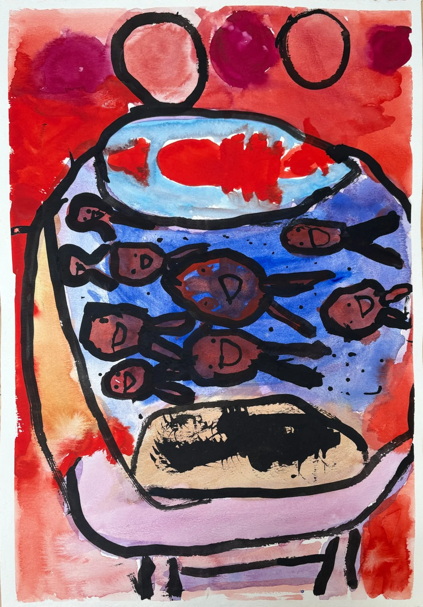 Child's colorful abstract drawing of a bowl with red contents and small figures inside, on a red background.