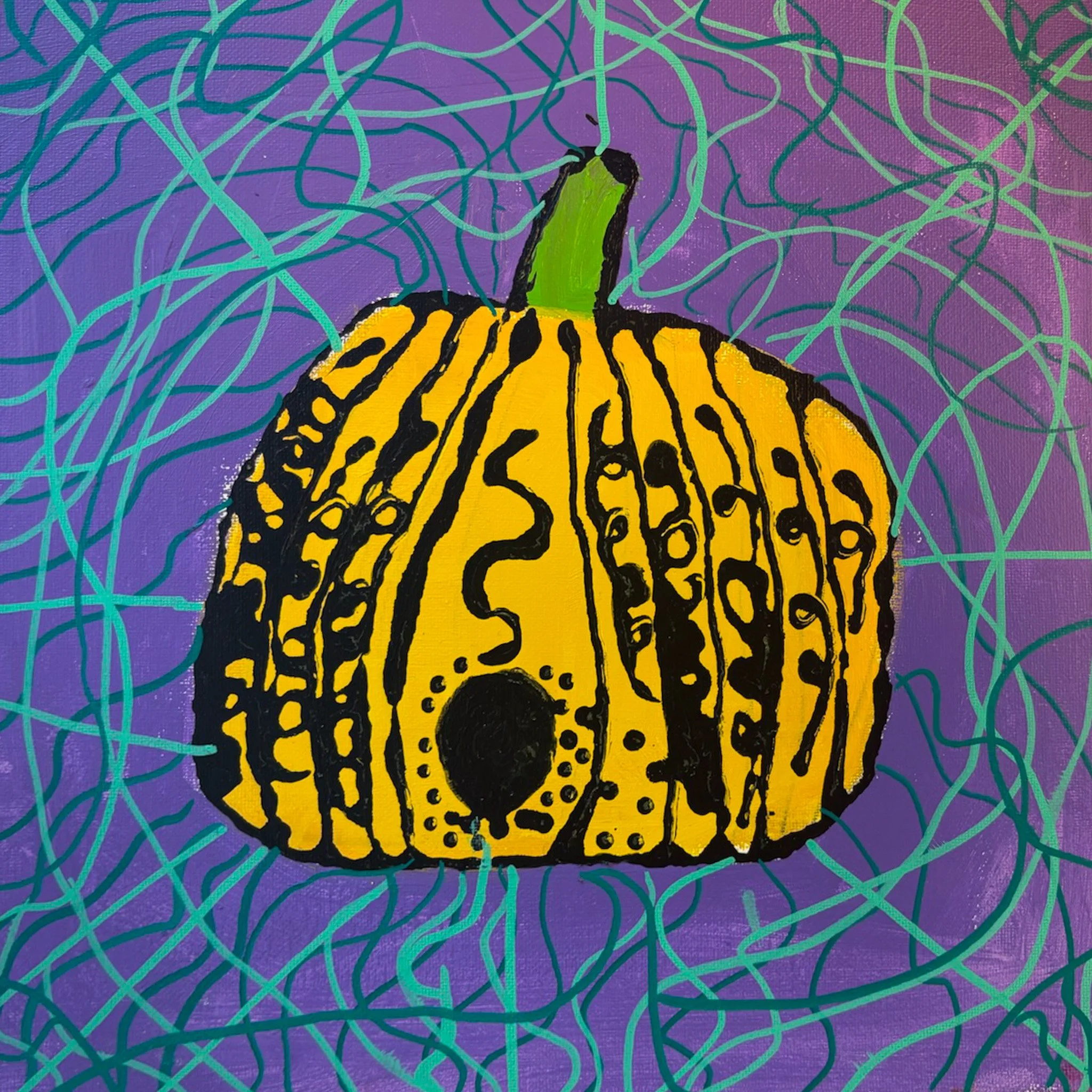 Colorful abstract painting of a pumpkin with black stripes on a purple background, surrounded by chaotic green and blue lines.