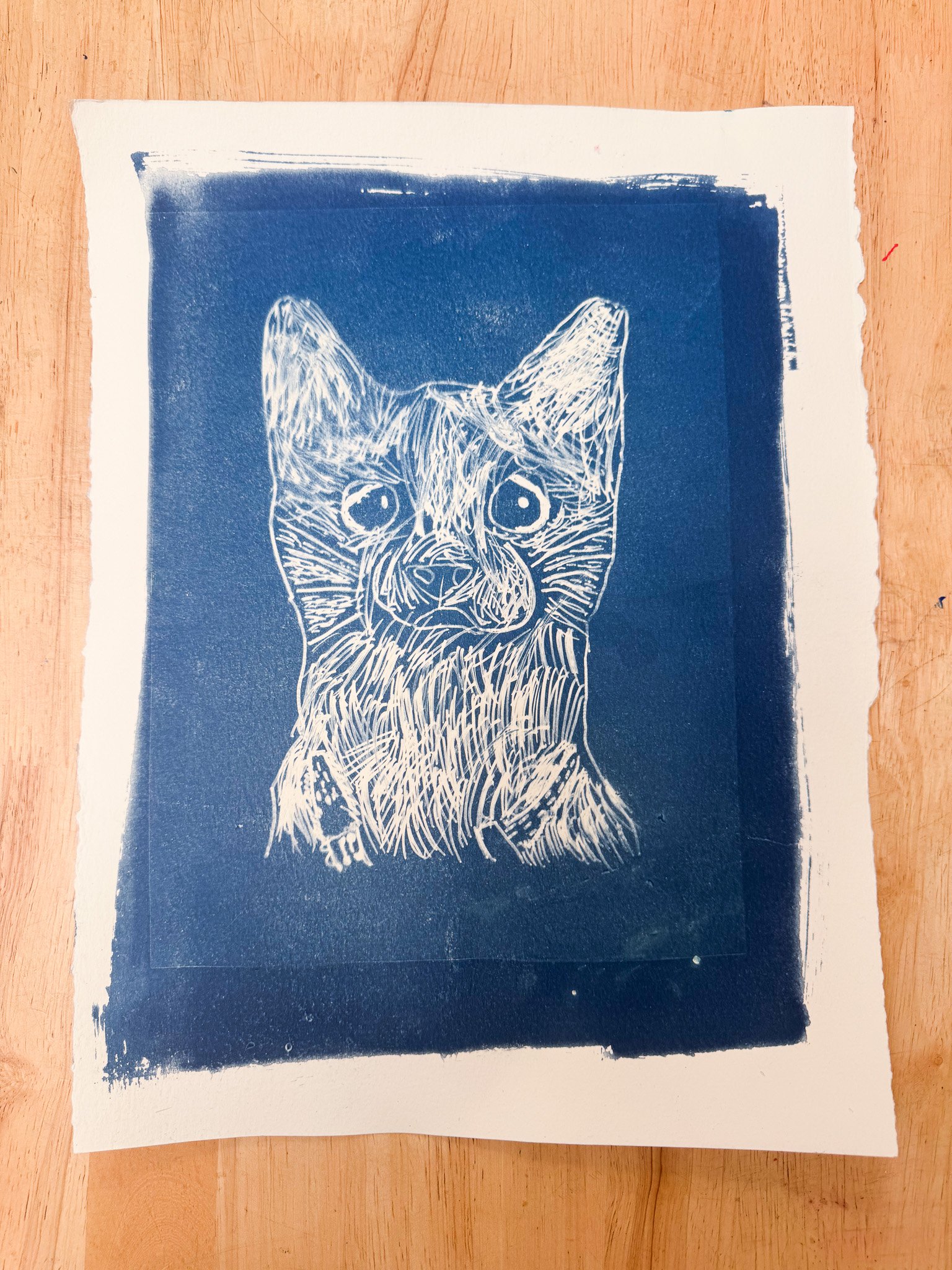 Blue and white linocut print of a dog's face and front paw, with detailed lines and shading.