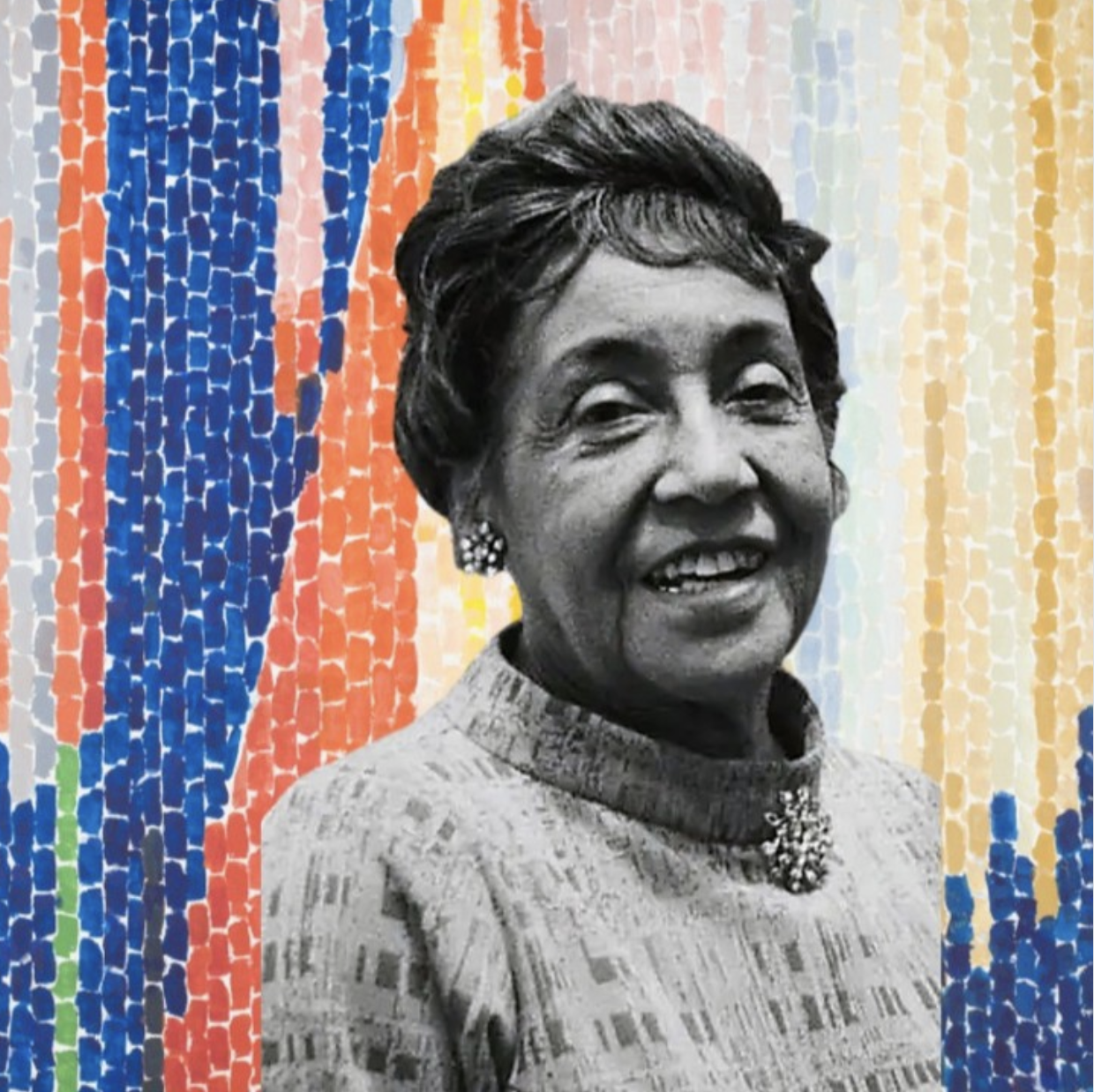 Black and white portrait of a woman with short hair, wearing earrings and a patterned top, set against a colorful mosaic background.