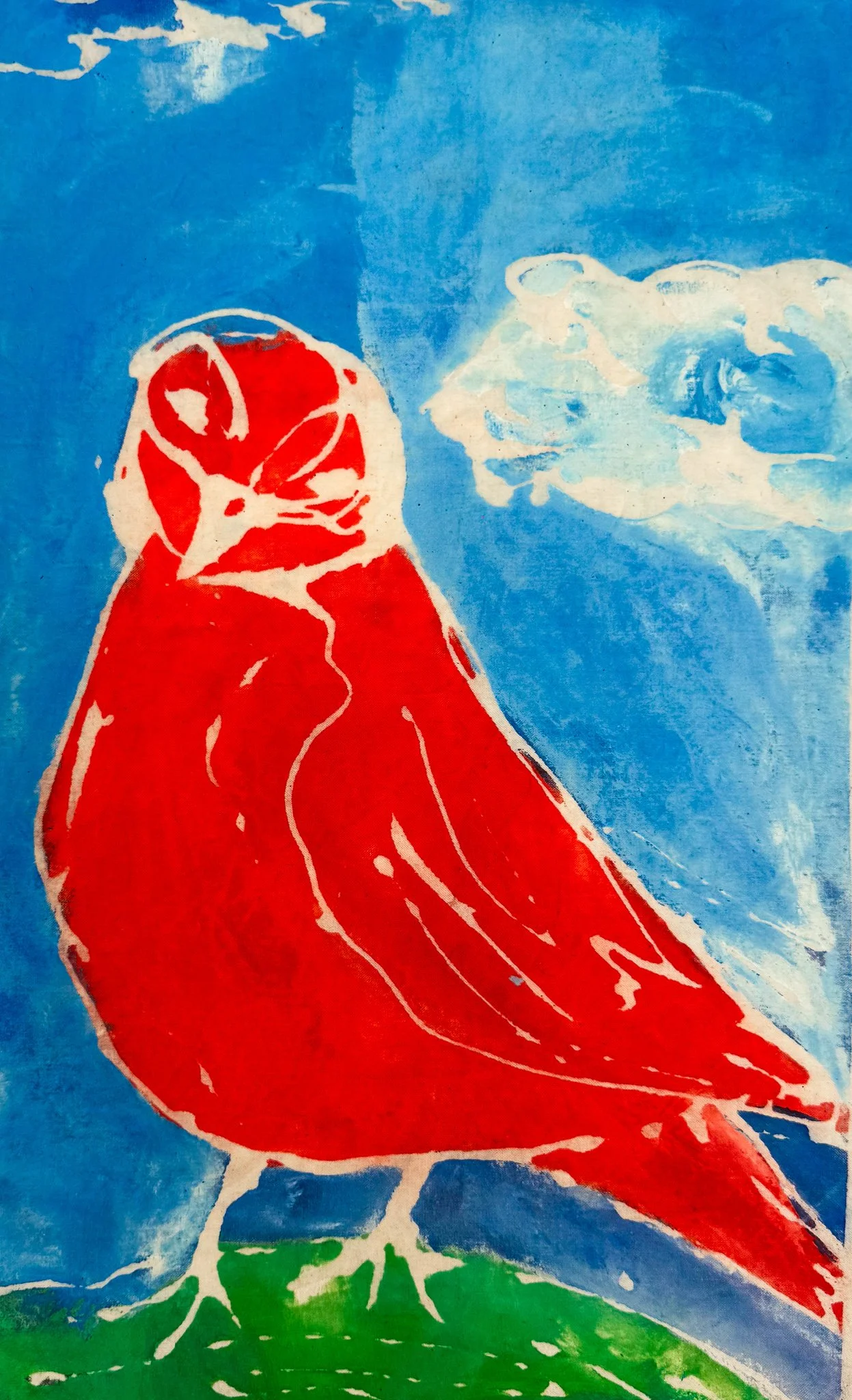 A colorful painting of a bird with red feathers, a white outline, standing on green grass, with a blue sky and a cloud in the background.