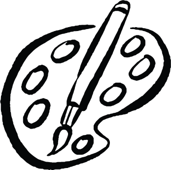 Illustration of an artist's palette with a paintbrush resting on it.