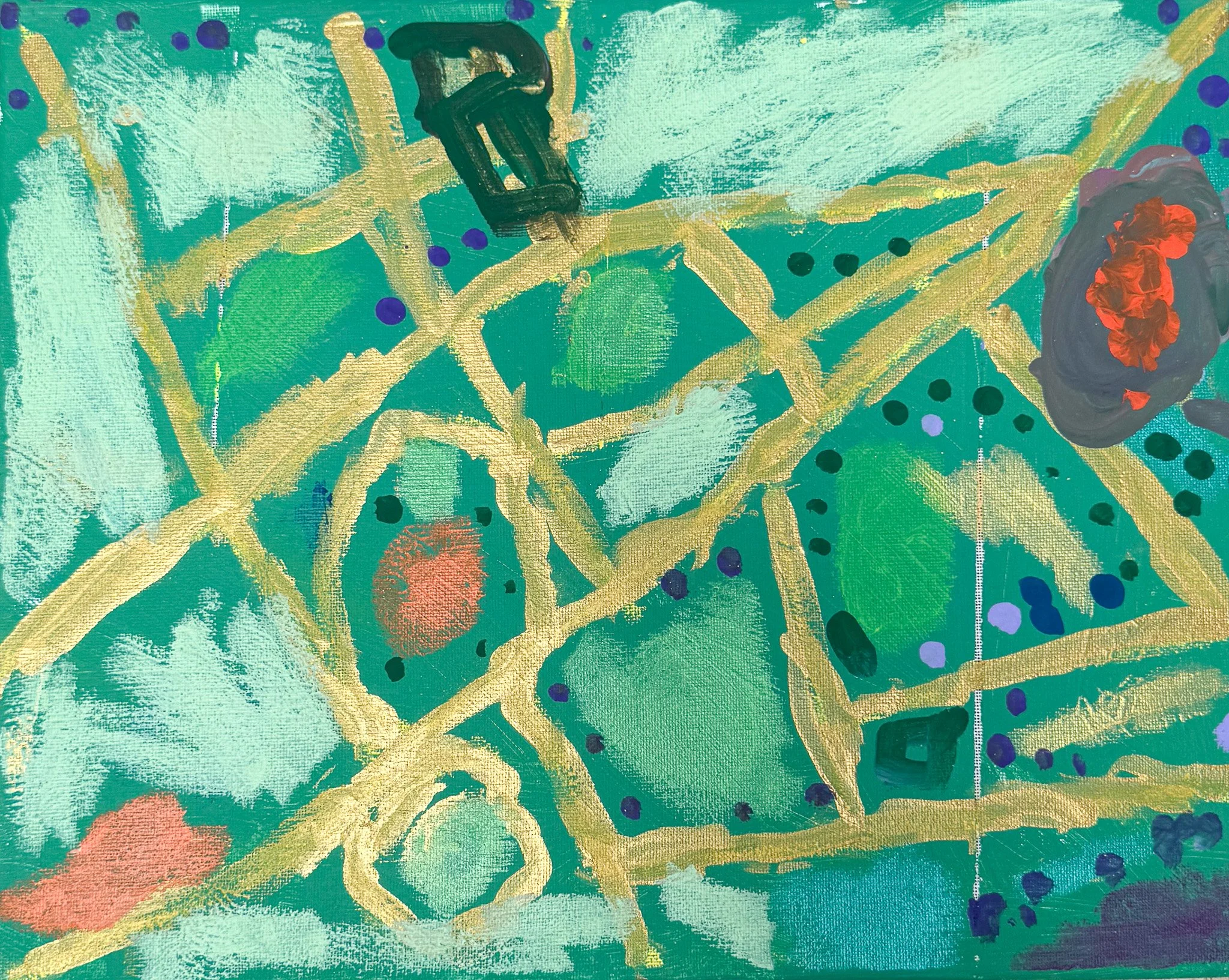 Abstract painting with green background, yellow intersecting lines, and spots of purple, black, and orange, with a dark swirl and a black letter 'D'.