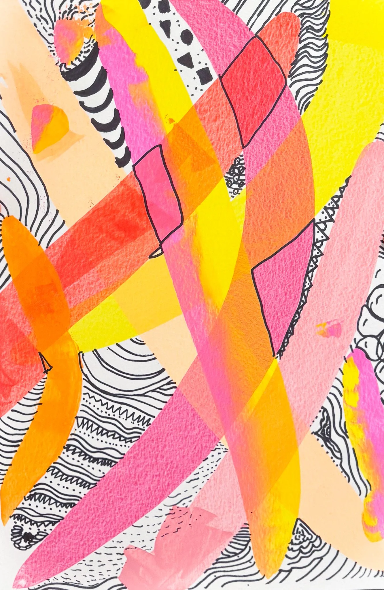 Abstract art with vibrant colors like pink, orange, yellow, and red, featuring black and white patterns and doodles.