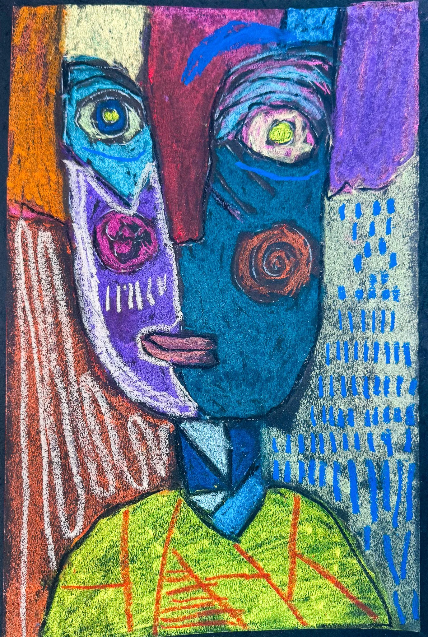 Colorful abstract portrait of a person with a split face, one side with purple features and the other with blue features, expressive eyes, drawn with vibrant chalk or pastel on textured paper.