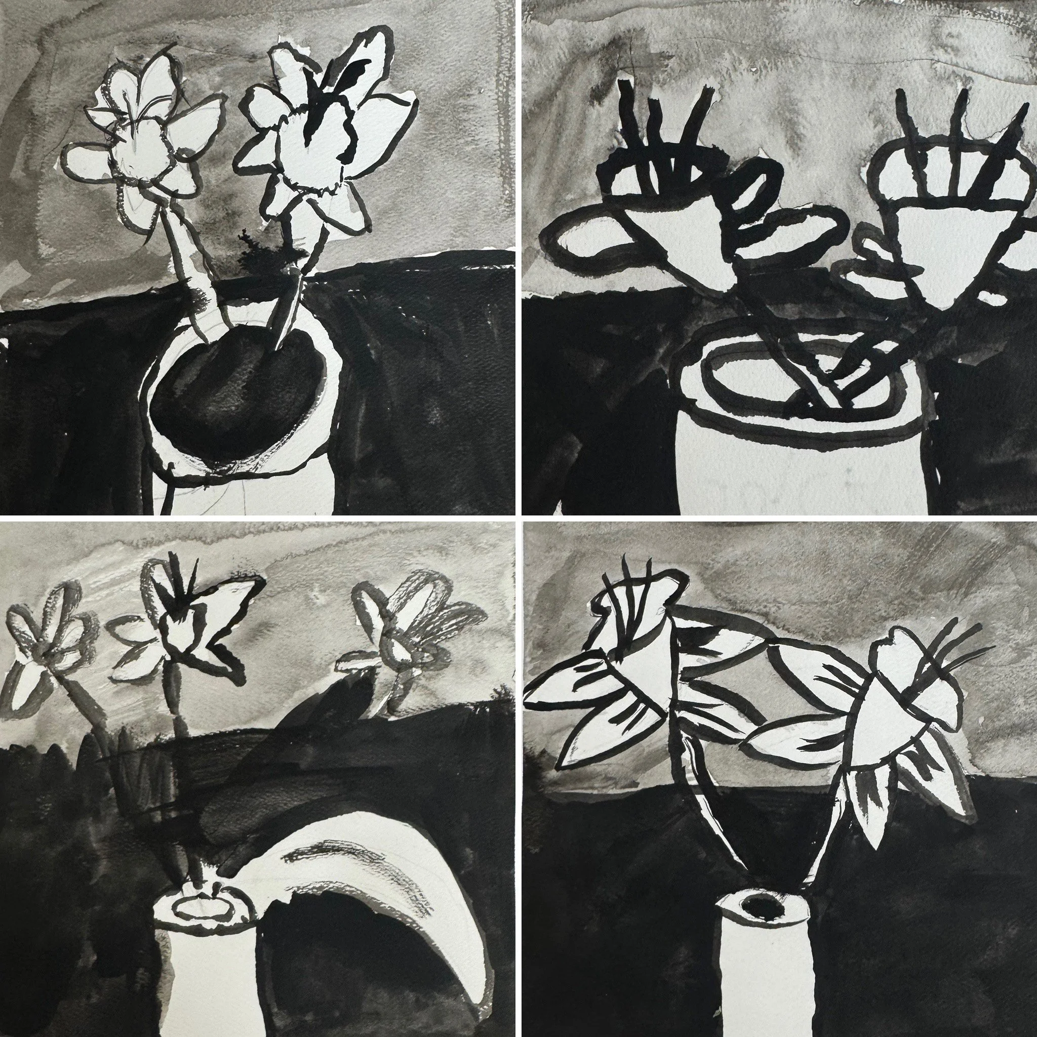 Four monochrome floral still life paintings featuring various vases and flowers, with bold black outlines and watercolor backgrounds.