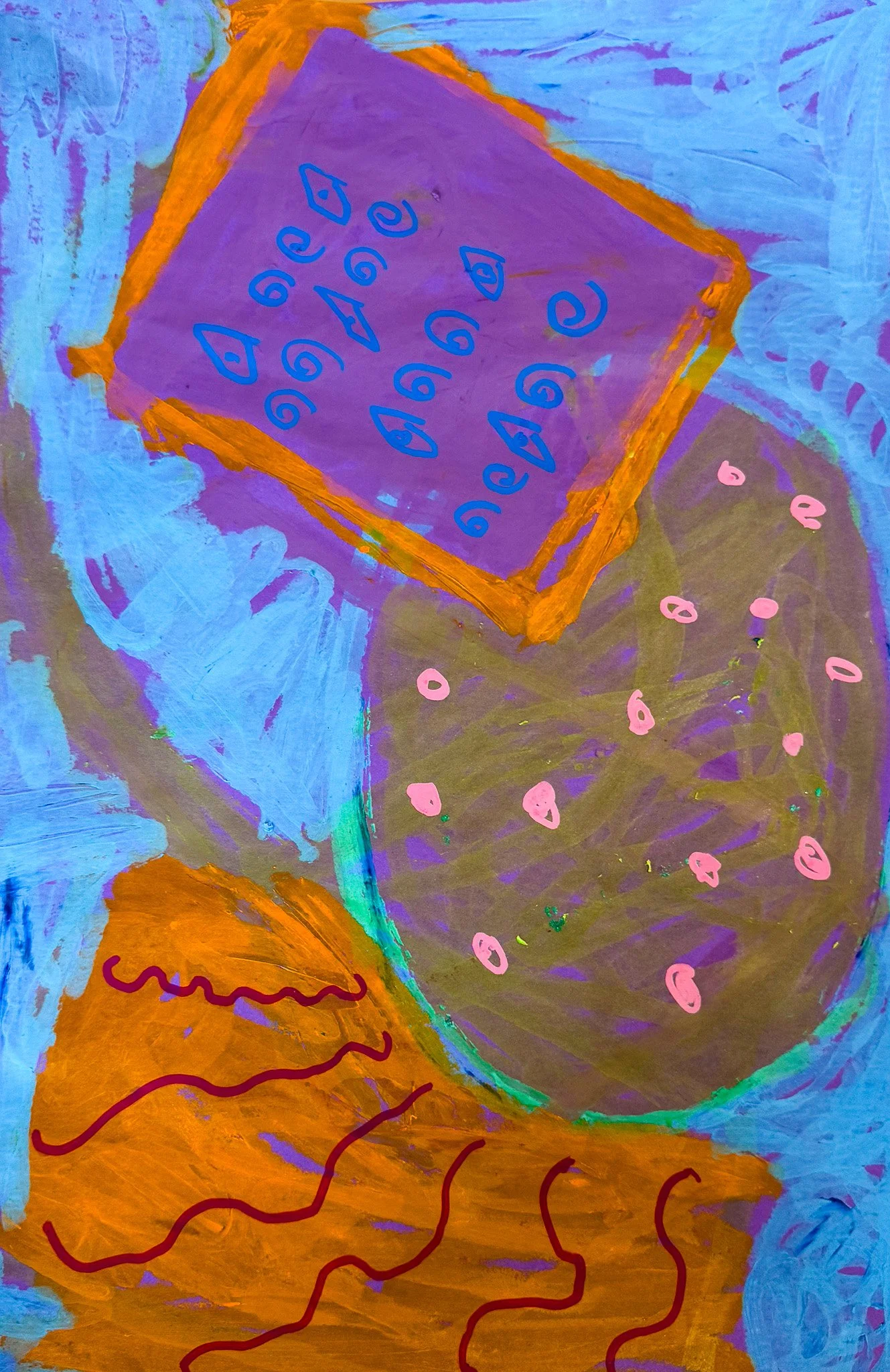 An abstract painting with bright colors including blue, purple, orange, green, and pink, featuring shapes and patterns such as a purple rectangle with patterns and a large purple oval with pink dots.