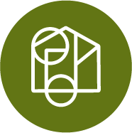 Minimalist line drawing of a house or building with geometric shapes on a green circular background.