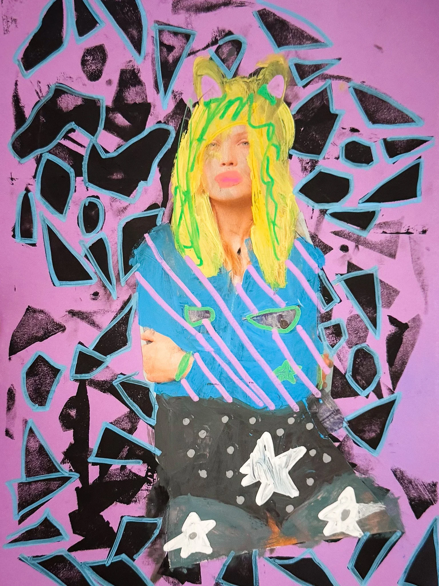 A colorful artwork of a young woman with bright yellow hair, wearing a blue shirt and black shorts with white star patterns, positioned against a pink background with black and blue geometric shapes and shapes resembling shattered glass.