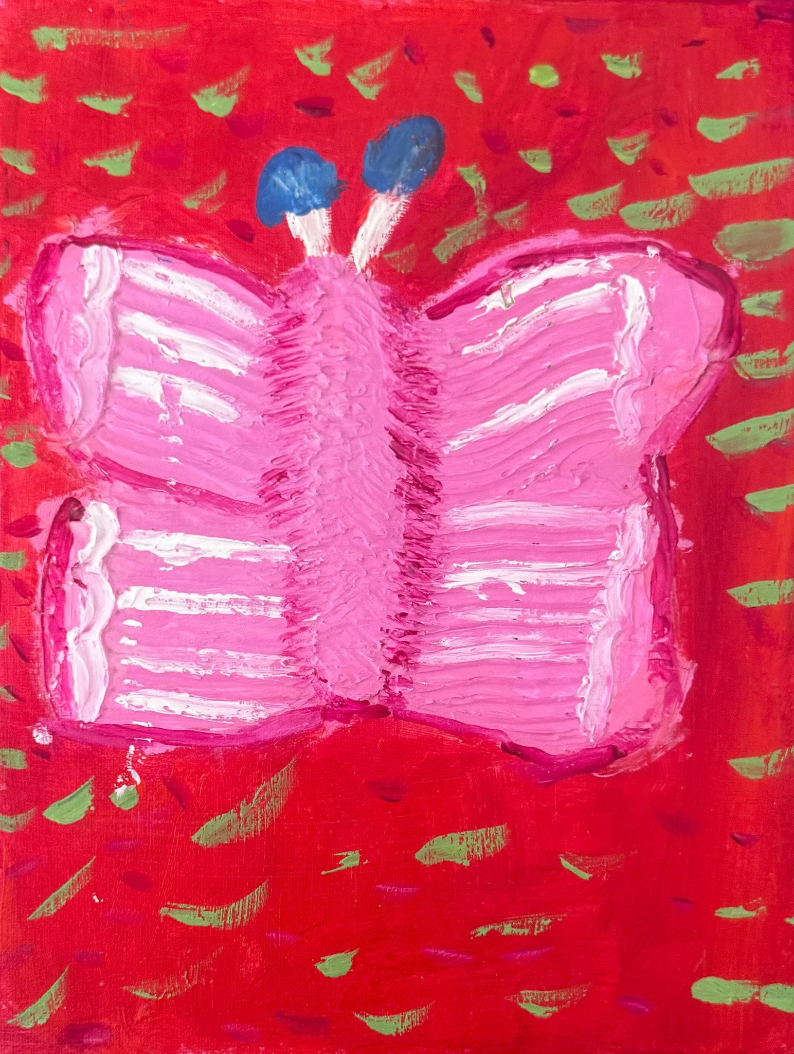 A pink butterfly with broad wings painted with thick brushstrokes on a red background with green and purple accents.