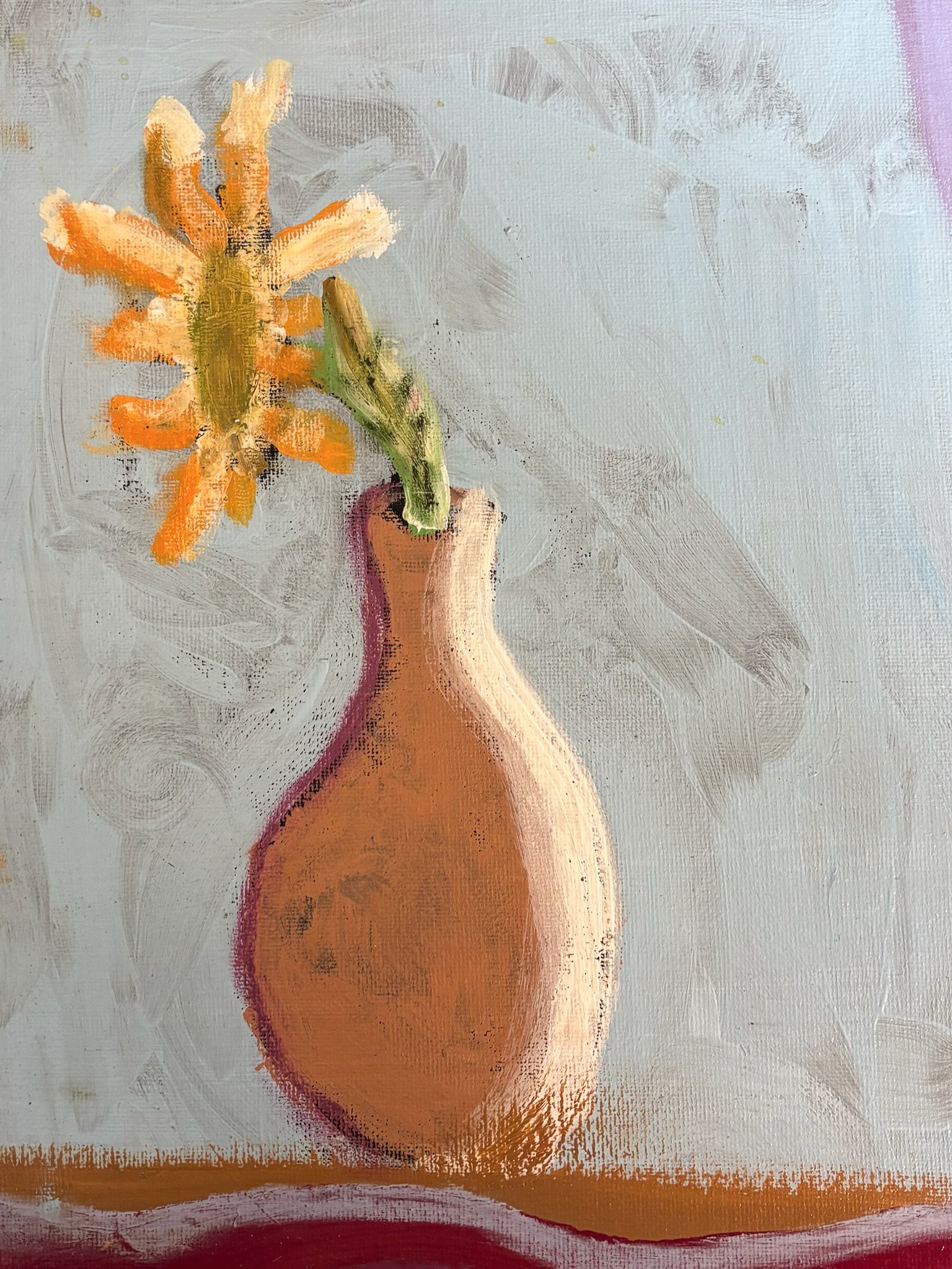 Oil painting of a brown vase with a yellow-orange flower and a green leaf against a light background with swirling patterns.