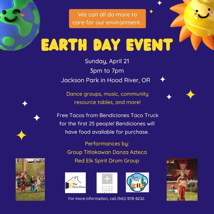 Don't miss this weekend's Earth Day event! Dance groups, music, community resource tables, raffles, and more for the whole family to enjoy! 🌎💛

📆Sunday, April 21st
🕒 3-7pm
📍Jackson Park in Hood River
-
&iexcl;No te pierdas el evento del D&iacute
