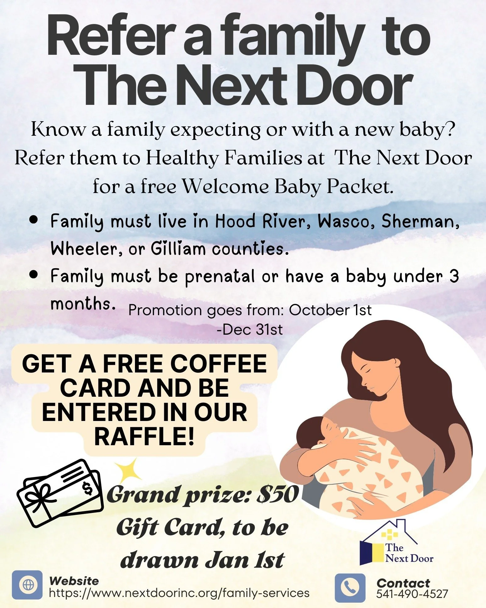 Know a new or expecting parent? Get a coffee card and be entered to win a $50 gift card when you refer them to Healthy Families at The Next Door for a free Welcome Baby Packet! ☕💙
&bull;&bull;&bull;&bull;&bull;
&iquest;Conoces a un padre o madre nue