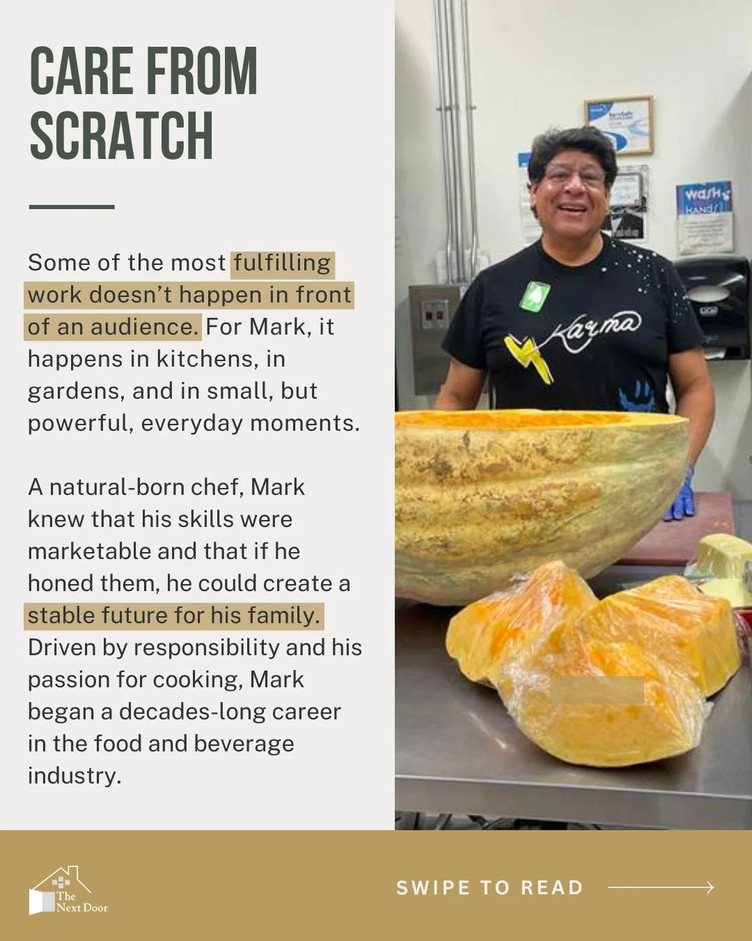 Mark&rsquo;s journey led him away from burnout and toward purpose at The Next Door, where he now teaches students how to cook from scratch, grow their own food, and trust themselves along the way. Through patience, care, and hands-on learning, he&rsq