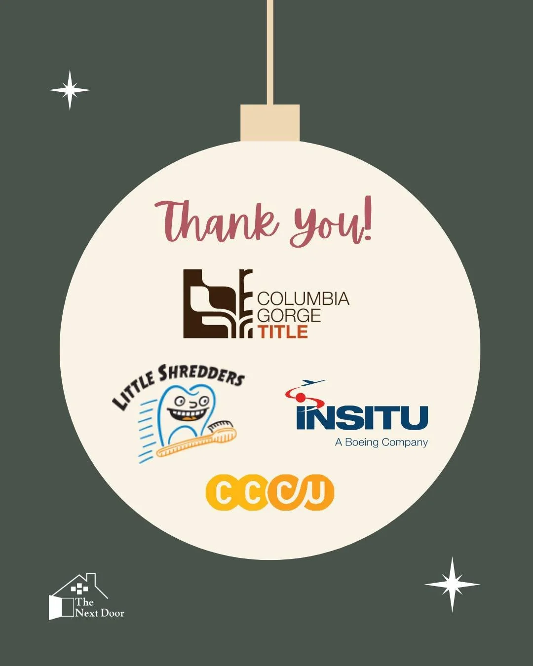 A heartfelt thank you to our 2025 Winter Appeal Campaign sponsors: @columbiagorgetitle, @littleshreddersdental, @insitu_inc, and @consolidatedccu. Your generous support of The Next Door helps make a meaningful difference for children and families in 