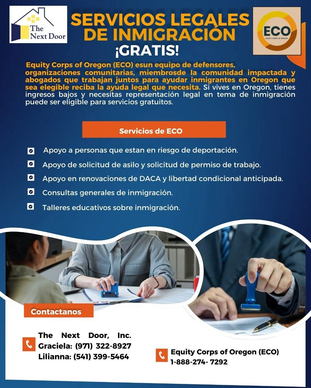 Equity Corps of Oregon (ECO) is an effort to ensure that every eligible Oregonian can defend themselves against unfair deportation or being excluded from civic activities because of their immigration status.

Contact us for more information on the se