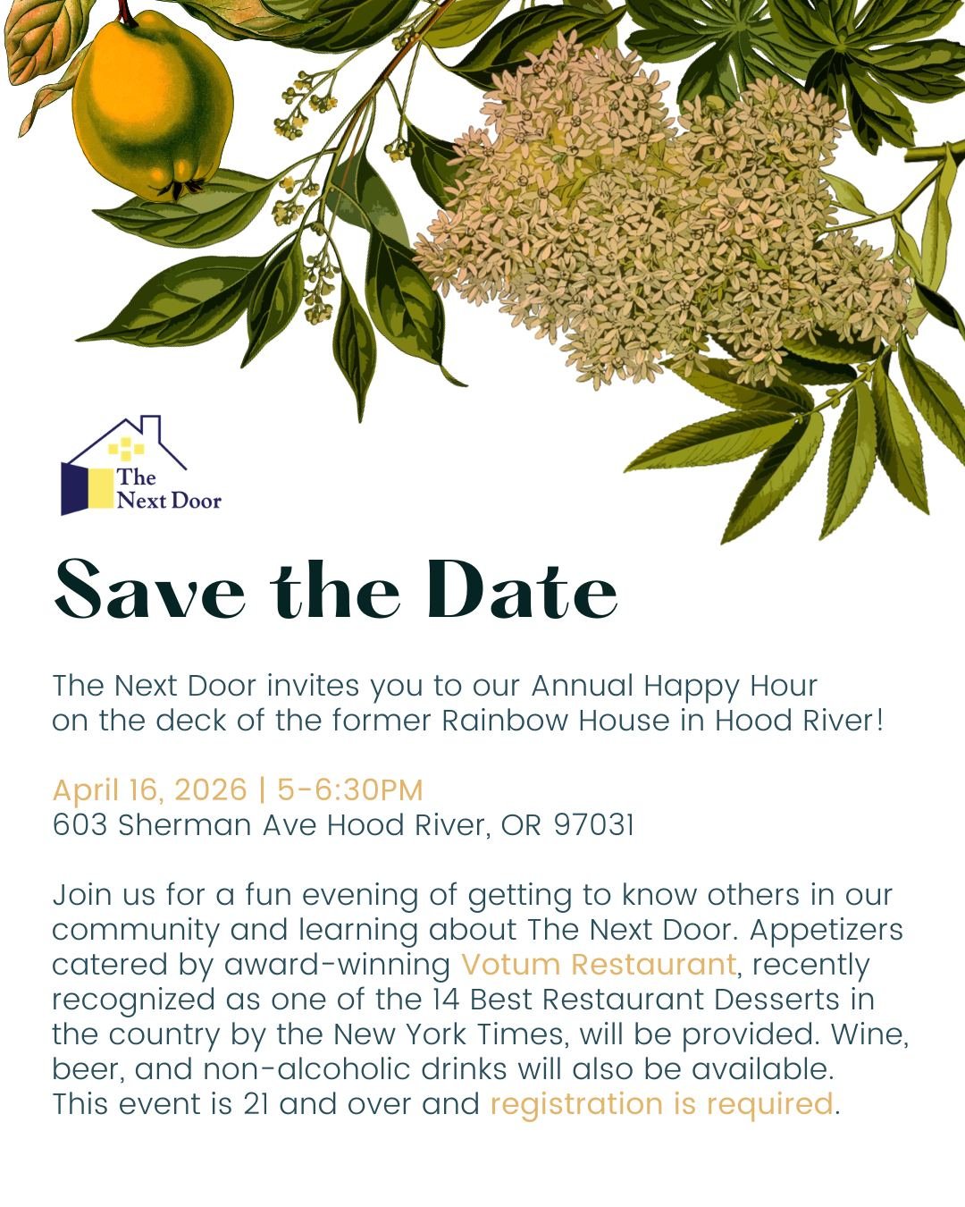 Enjoy a glorious spring evening overlooking the Columbia River at our annual Happy Hour!

Indulge in appetizers catered by award-winning Votum Restaurant, recently recognized by The New York Times. Wine, beer, non-alcoholic drinks are also included, 