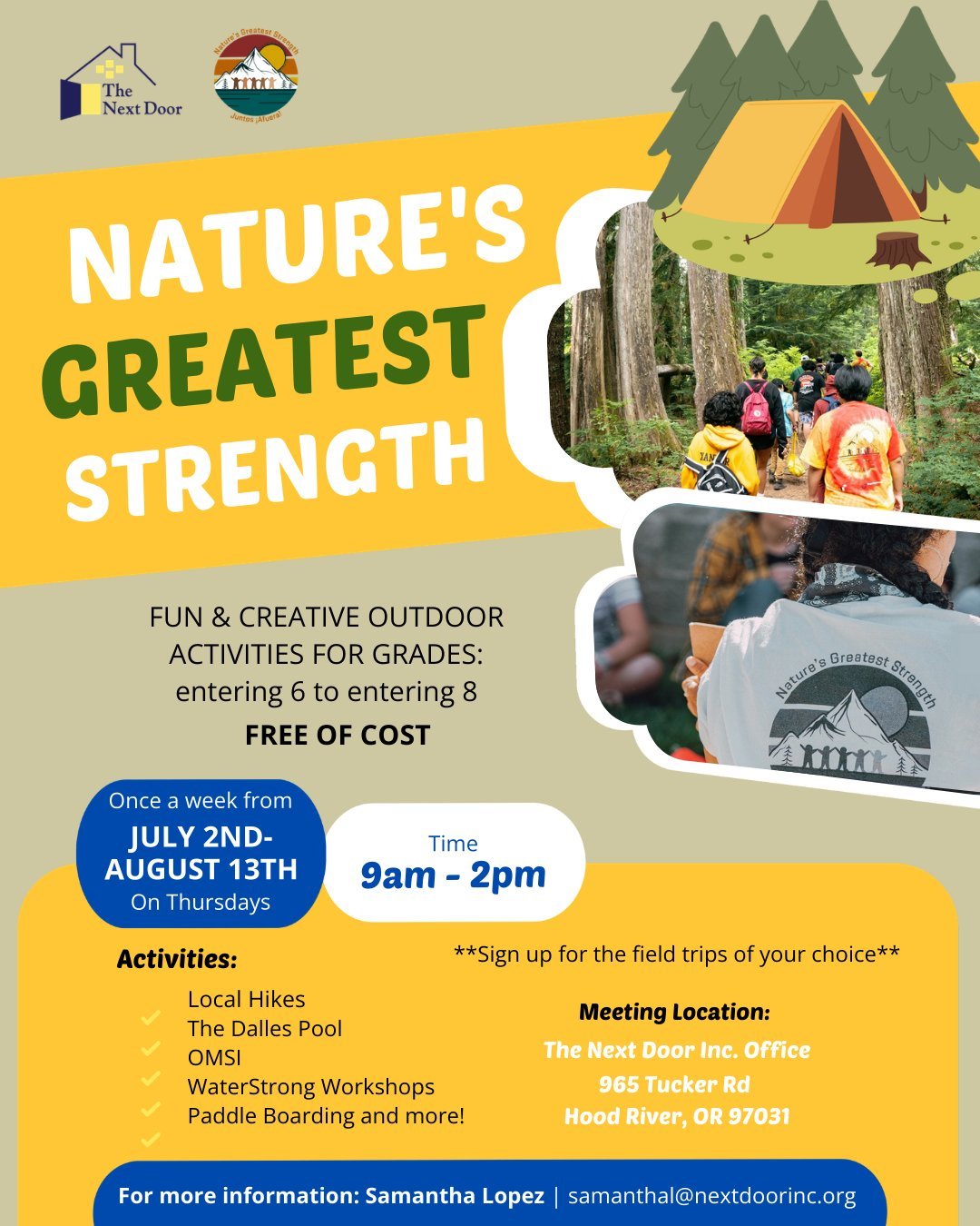 Nature's Greatest Strength registration is open for youth entering grades 6 to 8! Register for free at https://bit.ly/ngs2026 ☀

For more information, please contact Samantha at samanthal@nextdoorinc.org
-
&iexcl;Ya est&aacute; abierta la inscripci&o
