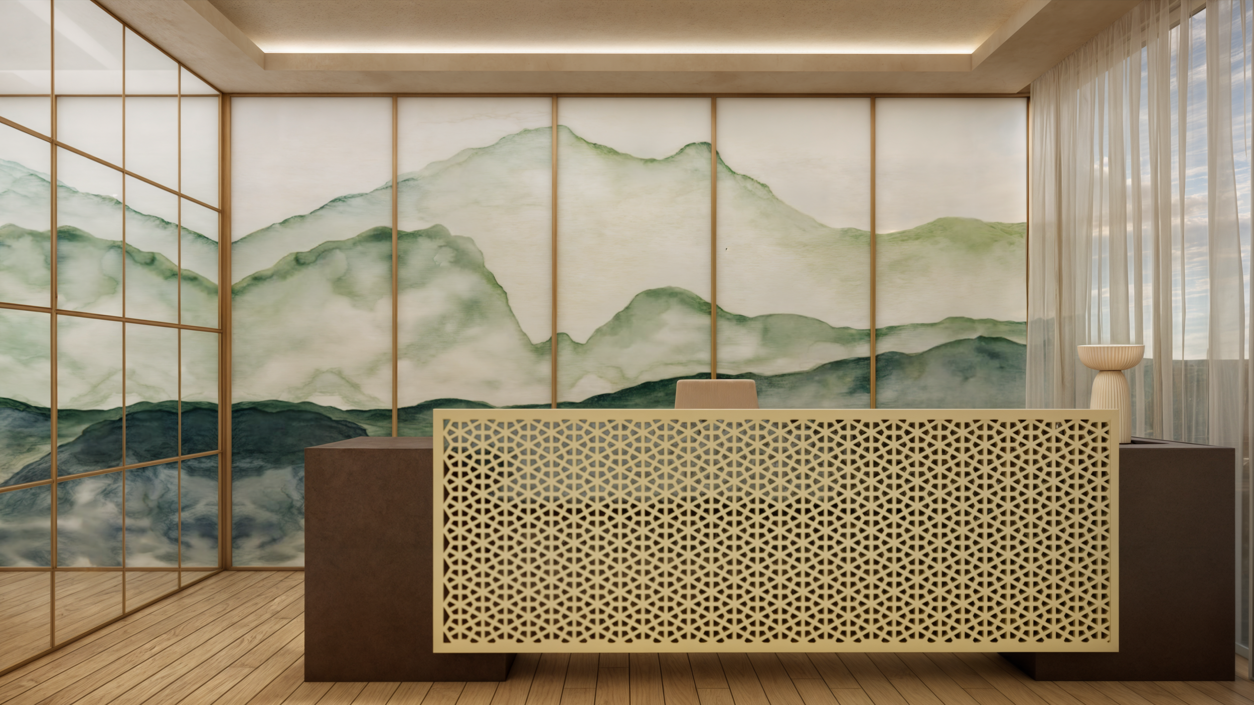 Wellness centre reception with timber-framed screens, a green mountain mural and a pale perforated reception desk