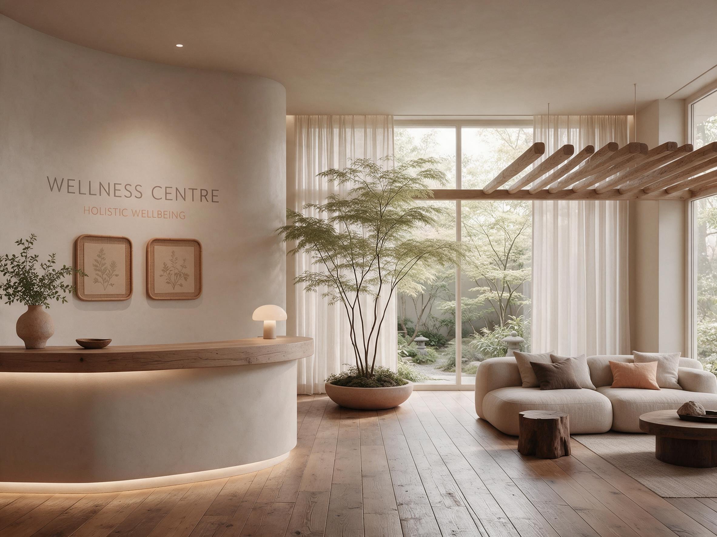 wellness centre design with curved reception desk and neutral palette and natural materials
