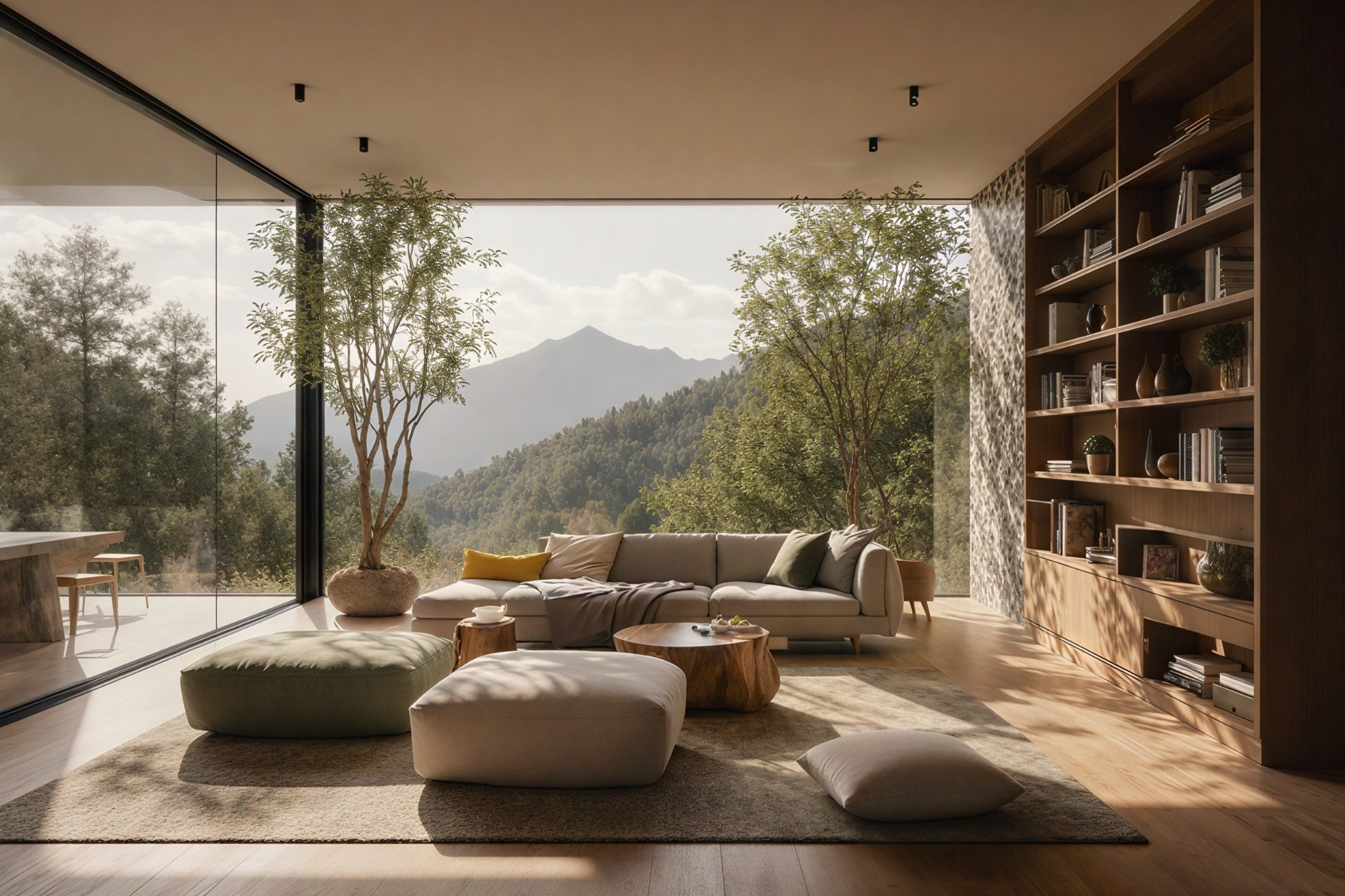 Open living room with floor cushions, built-in timber shelving and full-height glazing framing a mountain view