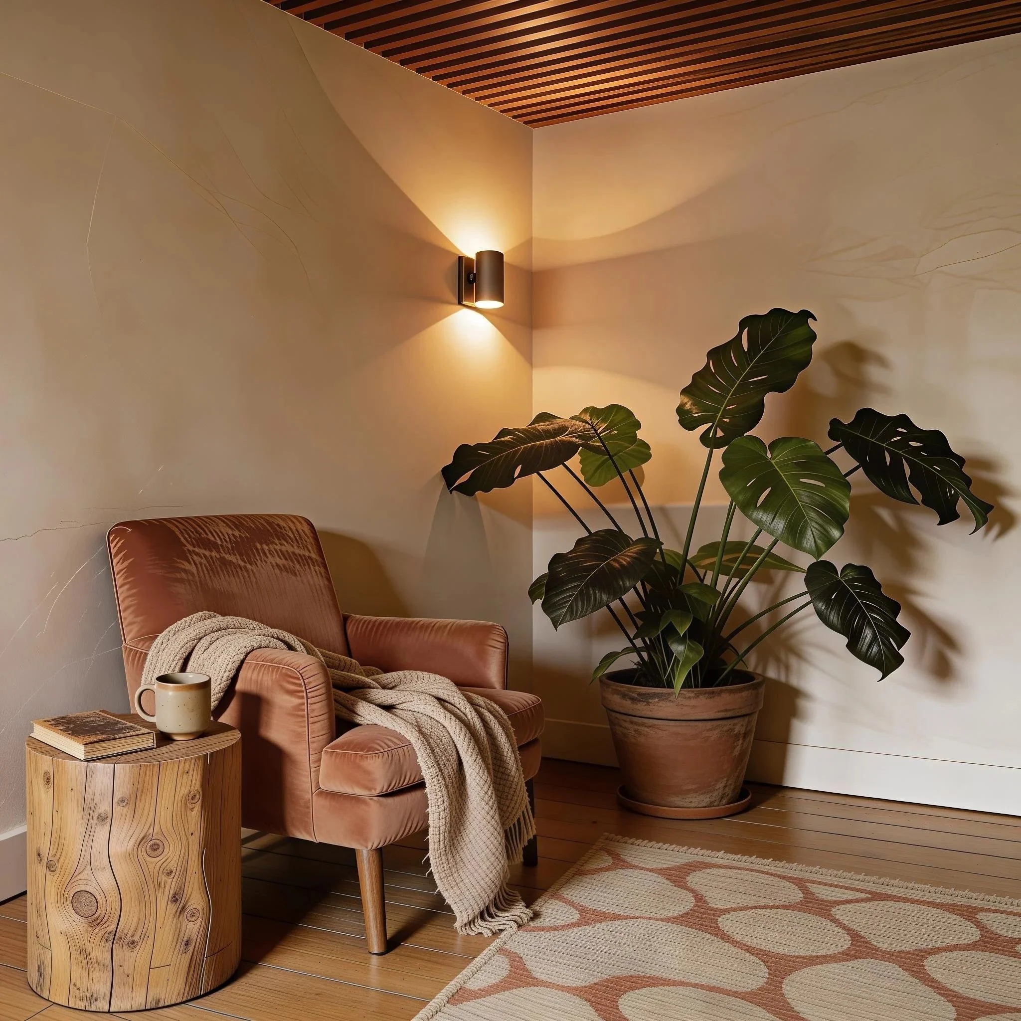 Quiet corner with a soft armchair, a folded throw and a large leafy plant under warm low light