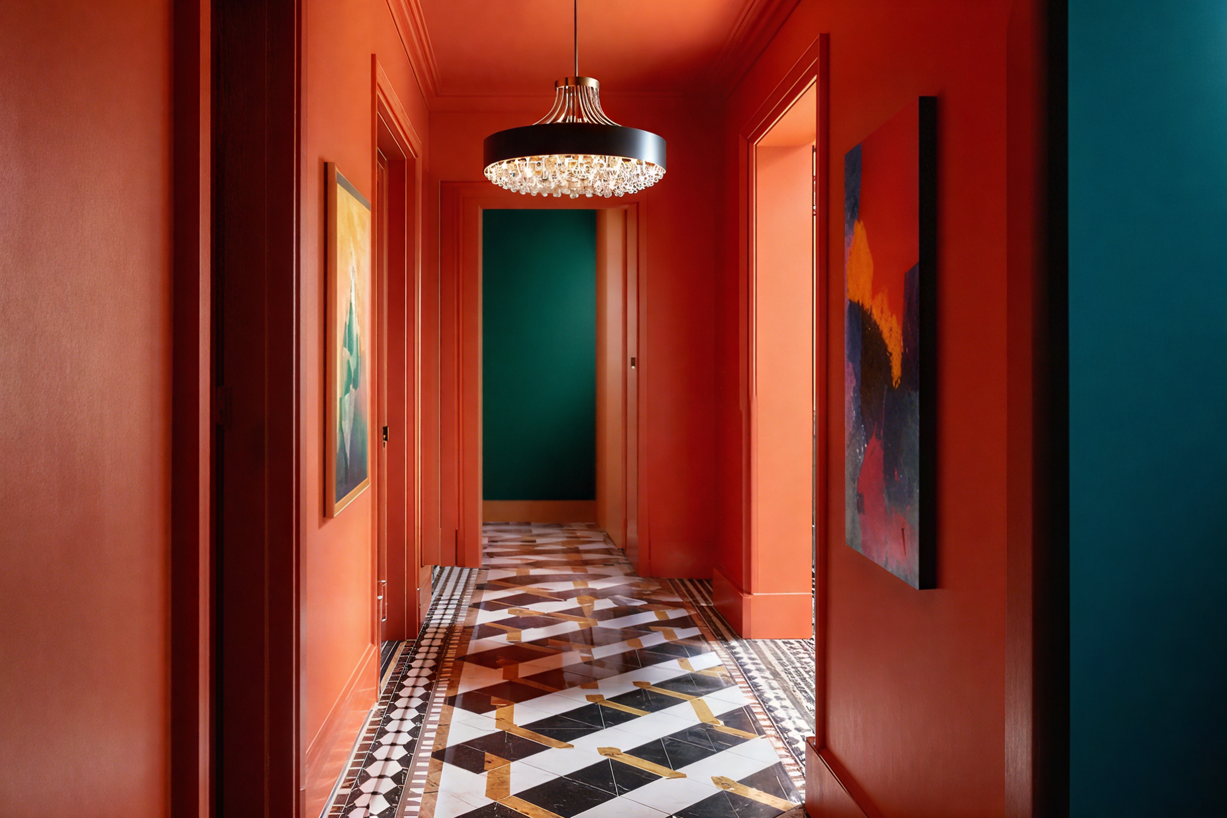 Hallway with orange painted walls and ceiling, a deep green end wall, framed artwork, a patterned tiled floor and a brass and glass chandelier.