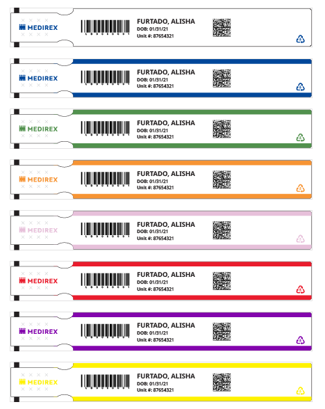 Sample of ThermaSoft™ Canadian Thermal Infant Wristband showing all colors.