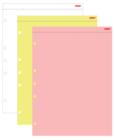 Sample of carbonless paper 7905 showing white, pink, and canary