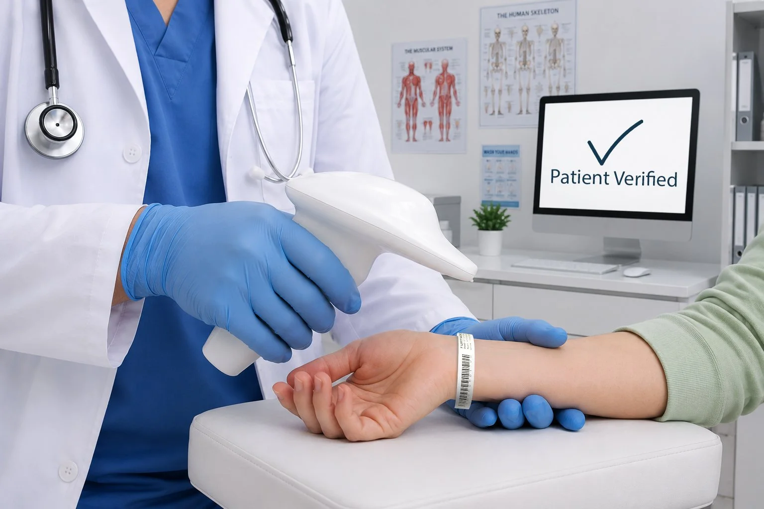 Nurse holding a patient wrist after scanning their wristband Patient verified being displayed on a computer screen.