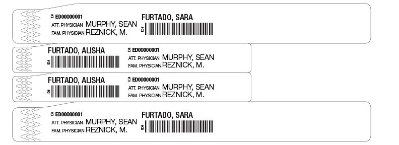 Sample of thermal adult-infant 4-part wristbands 4013-WH.