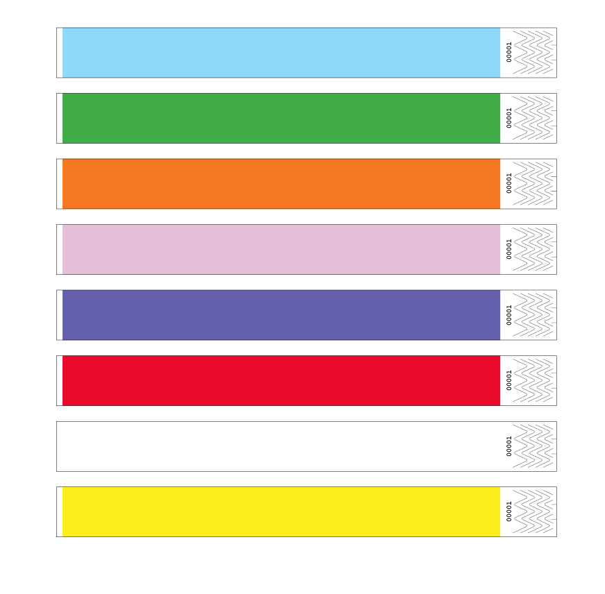 Sample of Tyvek Wristband 4002 showing blue, green, orange, pink, purple, red, white and yellow.