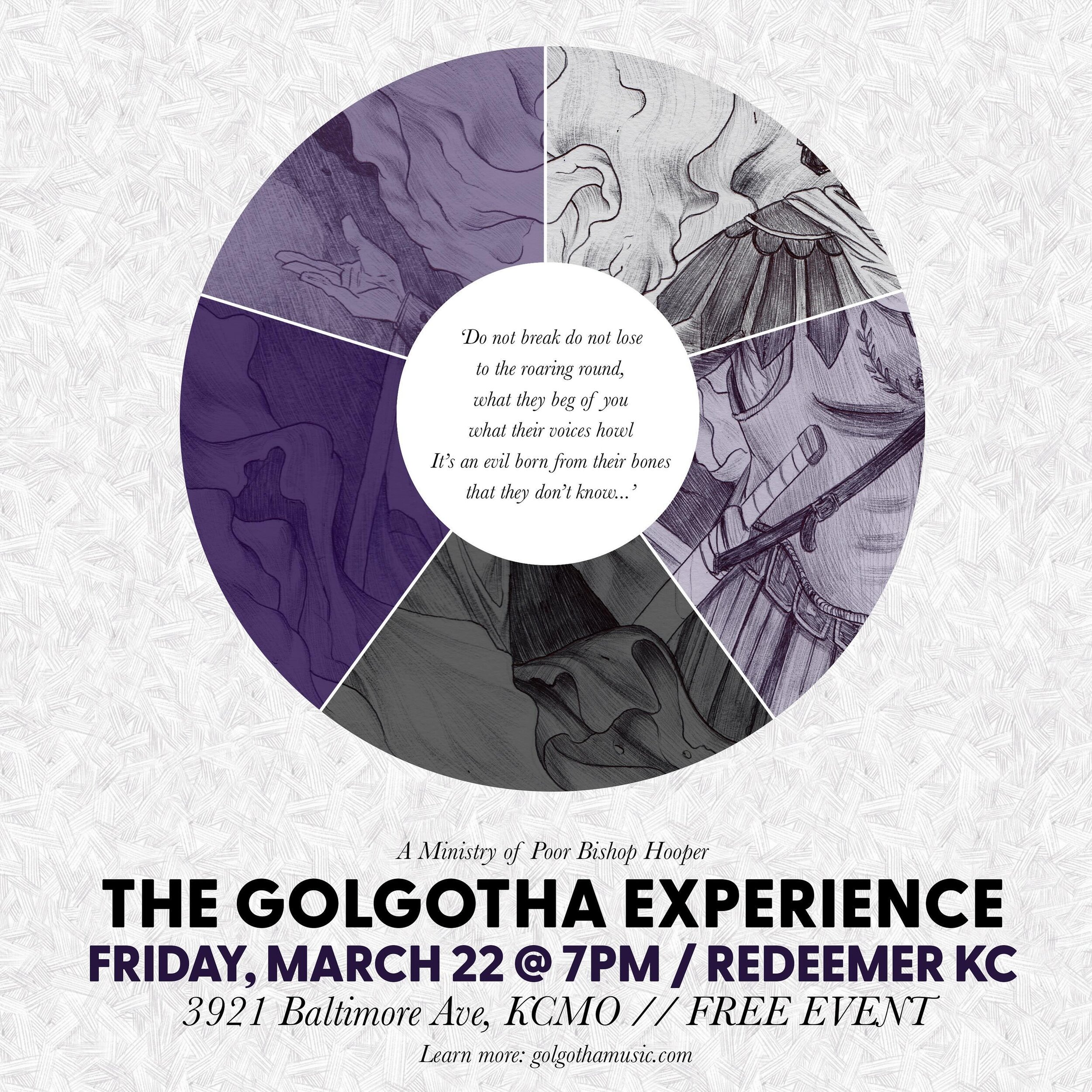 ONE WEEK!

Join us next Friday, March 22, at 7pm as we host The Golgotha Experience by Poor Bishop Hooper. To learn more about this free event, check out their website at golgothamusic.com.