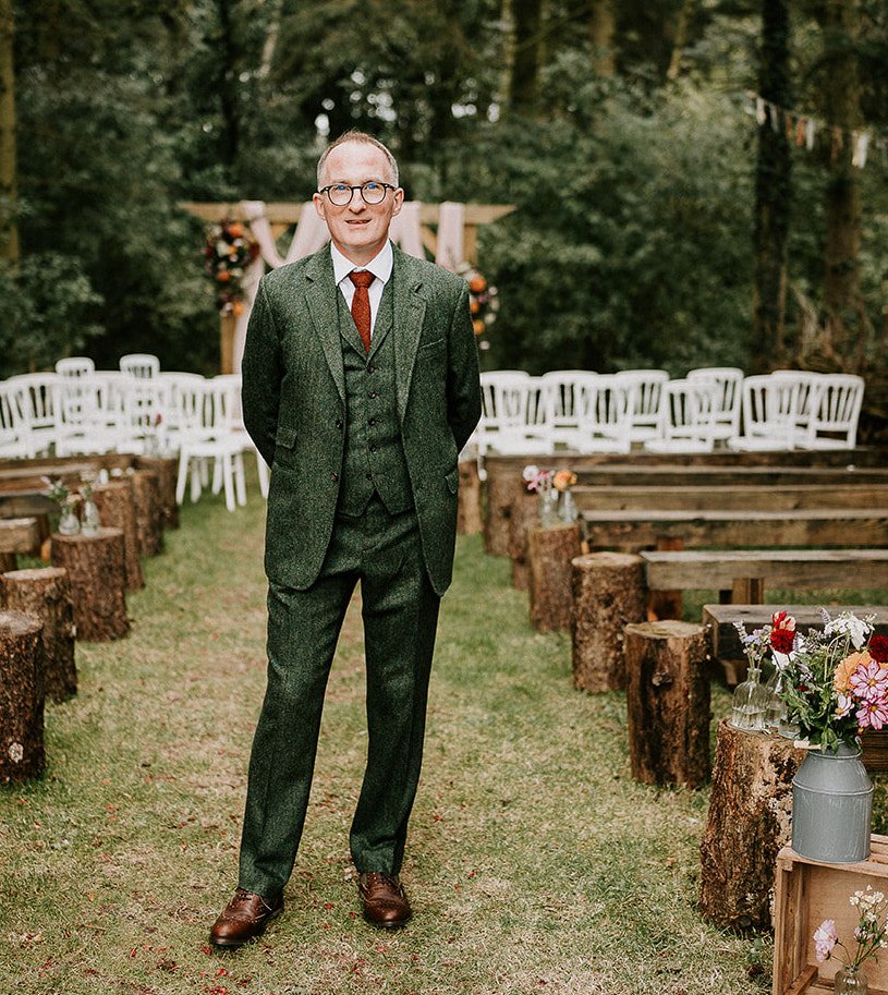 Paul, who married Jane in a Forest Green Herringbone Tweed 3 Piece