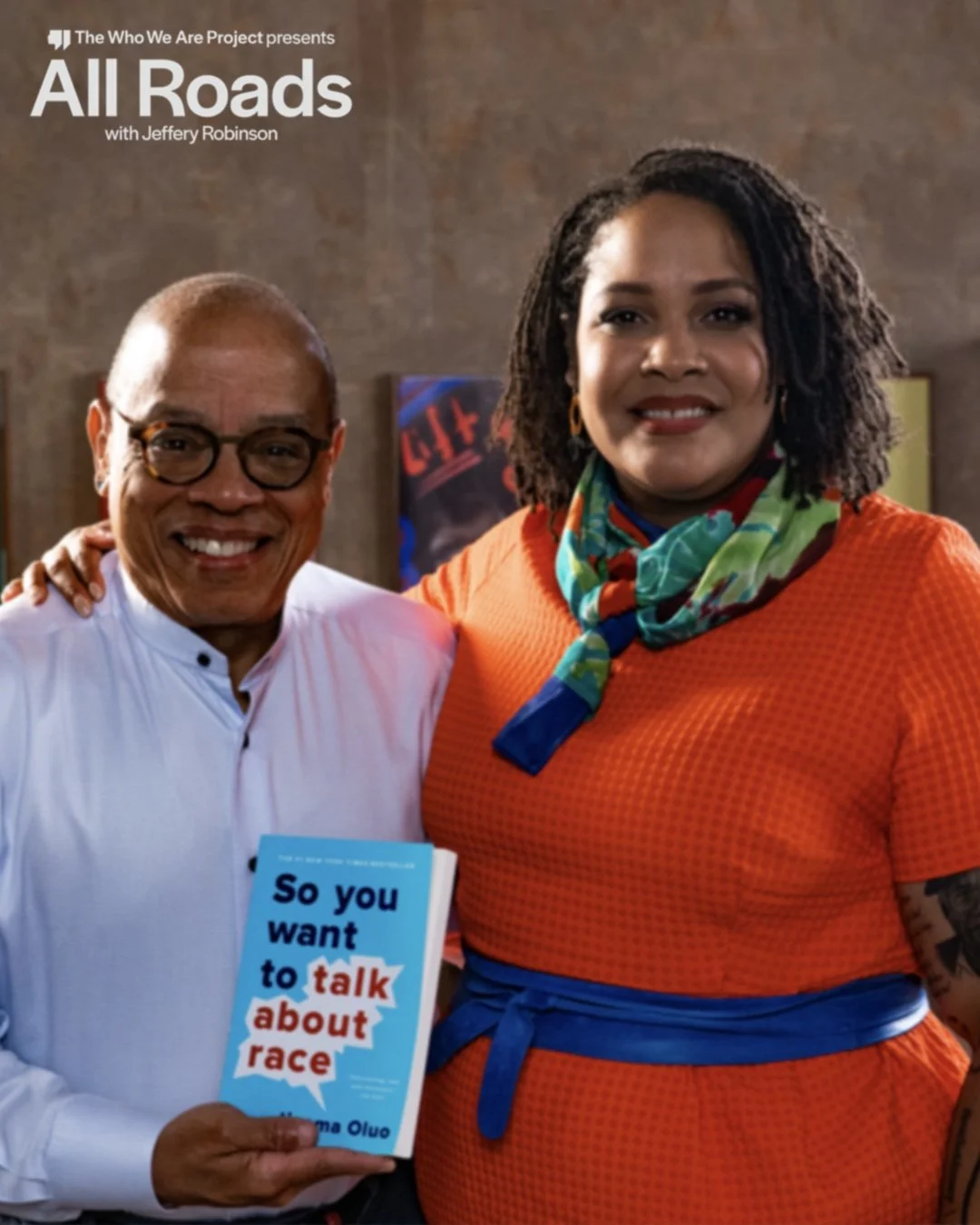 Ijeoma Oluo and Jeffery Robinson on set of All Roads with Jeffery Robinson