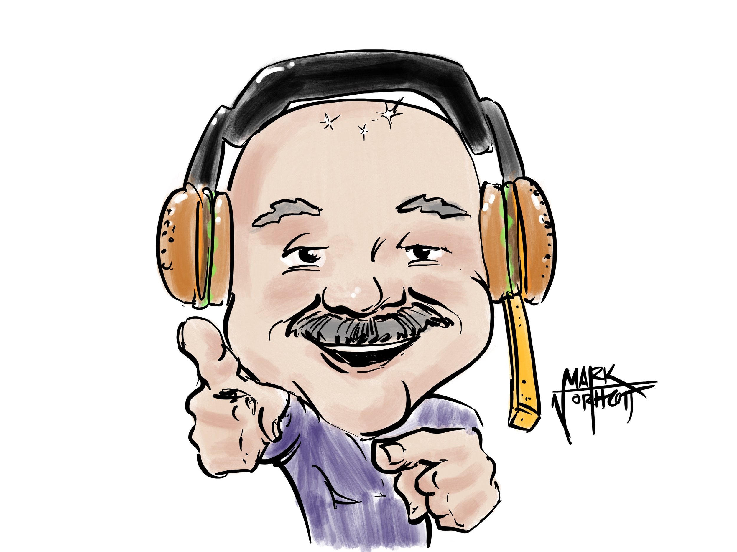 A digital caricature of a man with a beard, mustache, and green eyes, wearing a black baseball cap, with a smaller photograph of a smiling man wearing a similar black cap in the corner.