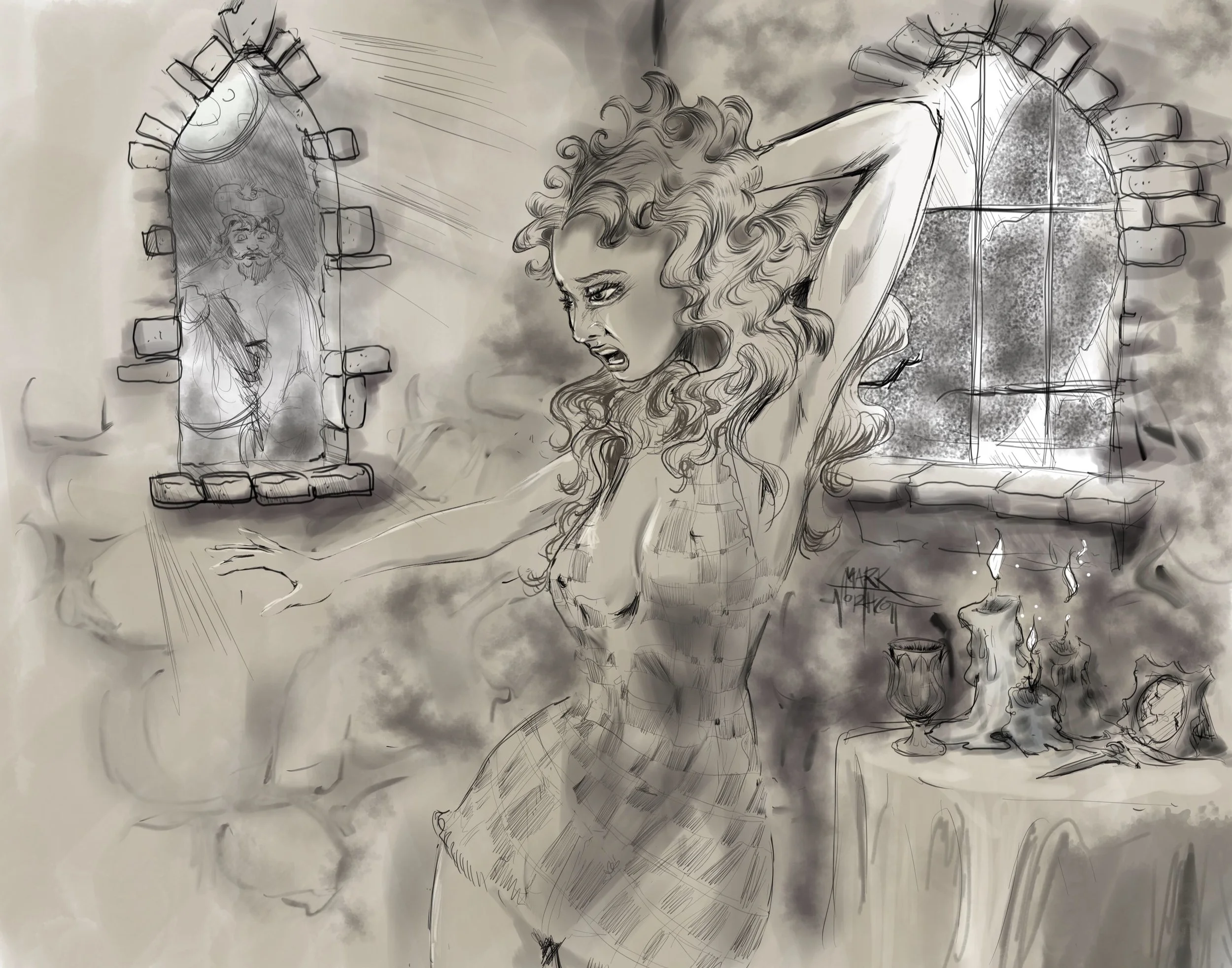 This is the second in the Tam O' Shanter storied images commissioned. The Witch is running a successful glamour on the bewitched Tam in the window!