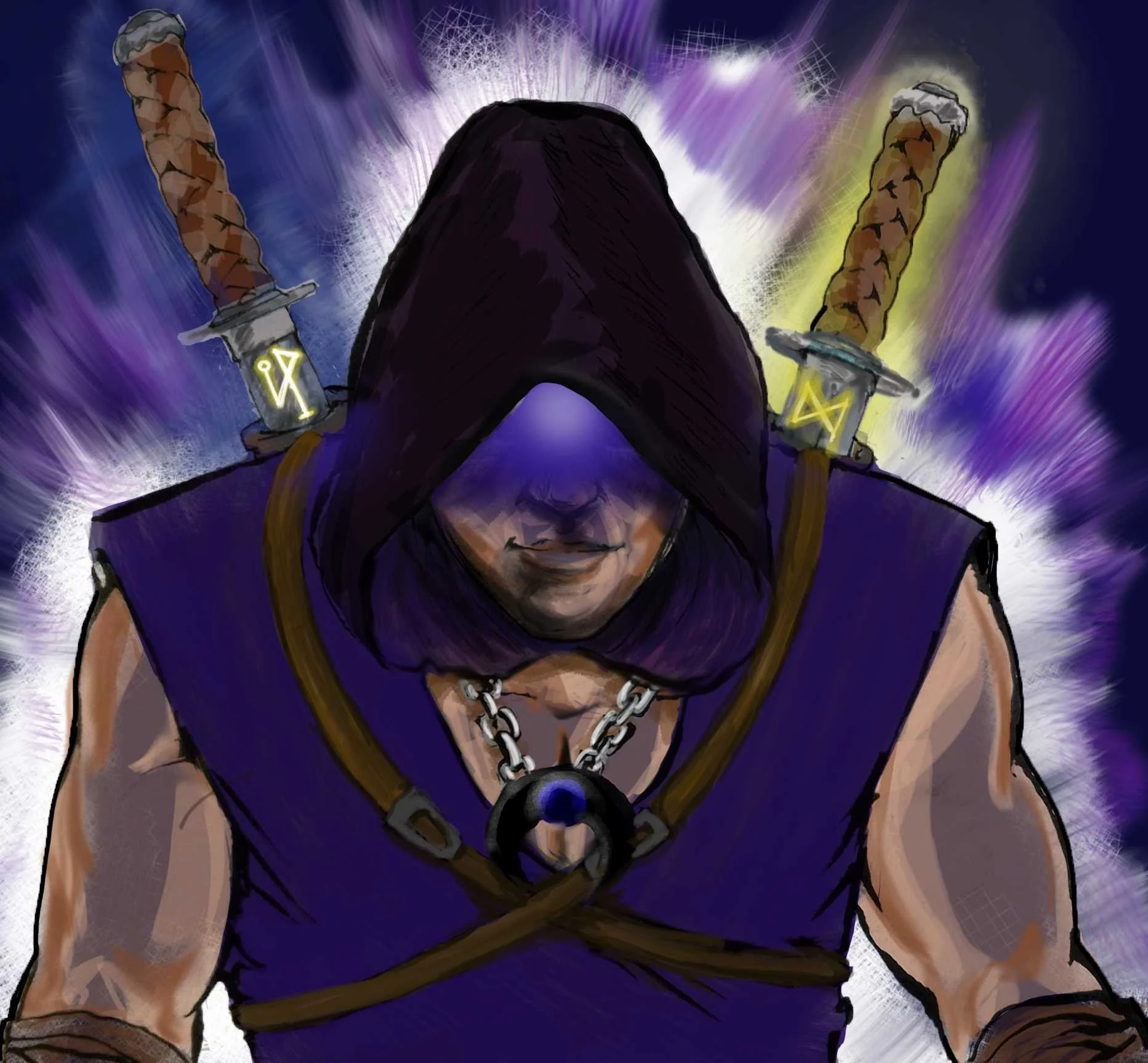 A warrior with a purple sleeveless shirt and gold accents, wearing a black hood that covers most of his face, with purple glowing eyes; he has two swords on his back with glowing runes, and a chain necklace with a blue gemstone; purple and white energy bursts behind him.