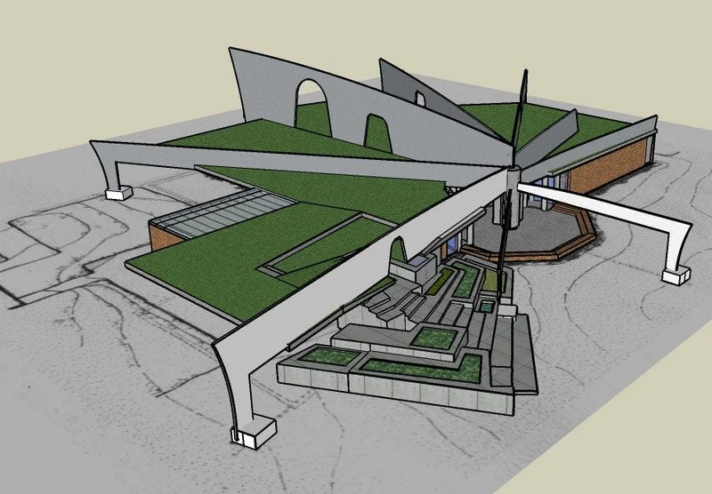 SketchupGo conceptual 3D model of proposed Healing Center in Pullman, WA; based on actual grading and drainage map provided from the University.