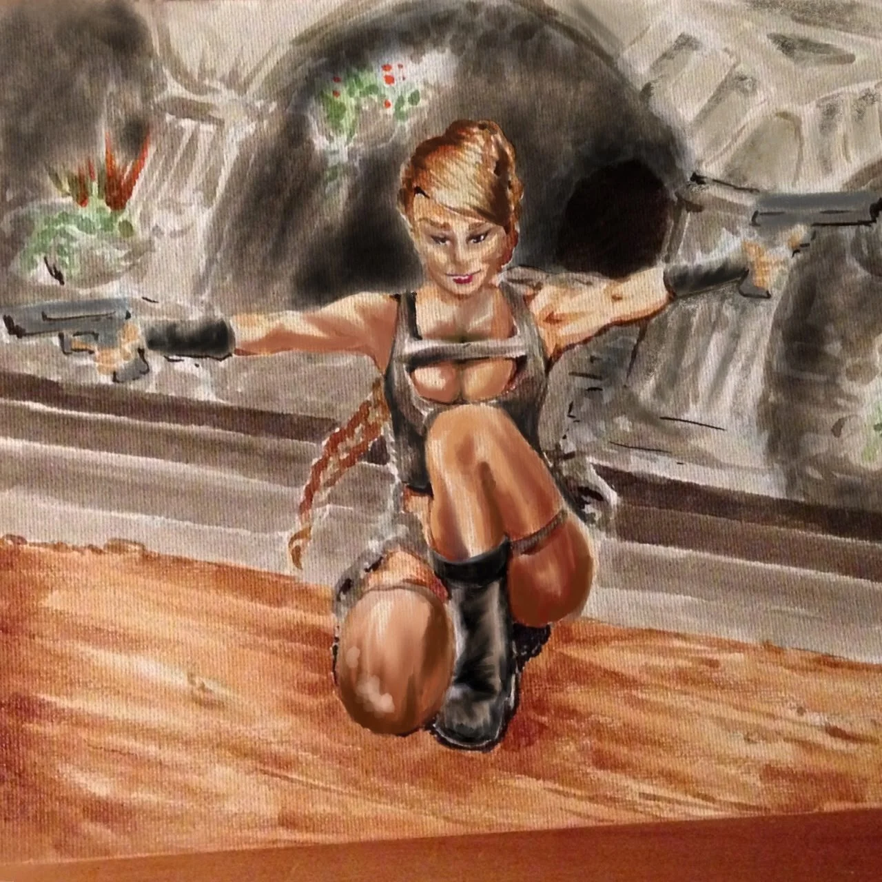 This is a version of Tomb Raider on Dollar Store canvas (6"x6") using Copic Markers